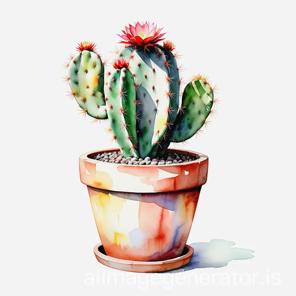 Un cactus dans un pot, à l'aquarelle, sur fond blanc