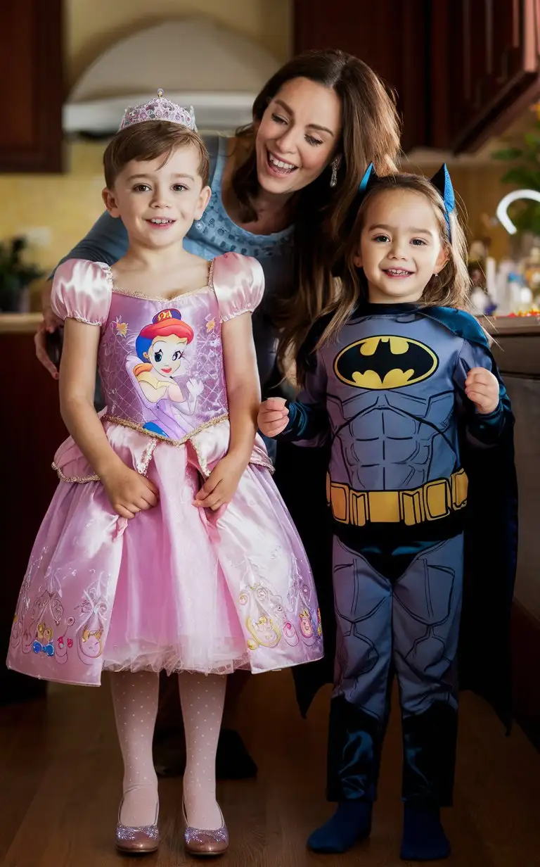 Gender role-reversal, Photograph of a mother dressing her young son, a cute 9-year-old boy, up in a Disney Princess dress with stockings and plastic sparkly high-heel shoes, and she is dressing her young daughter, a 7-year-old cute girl, up in a Batman superhero suit, in a kitchen for fun to keep the kids entertained, adorable, perfect children faces, perfect faces, clear faces, perfect eyes, perfect noses, smooth skin