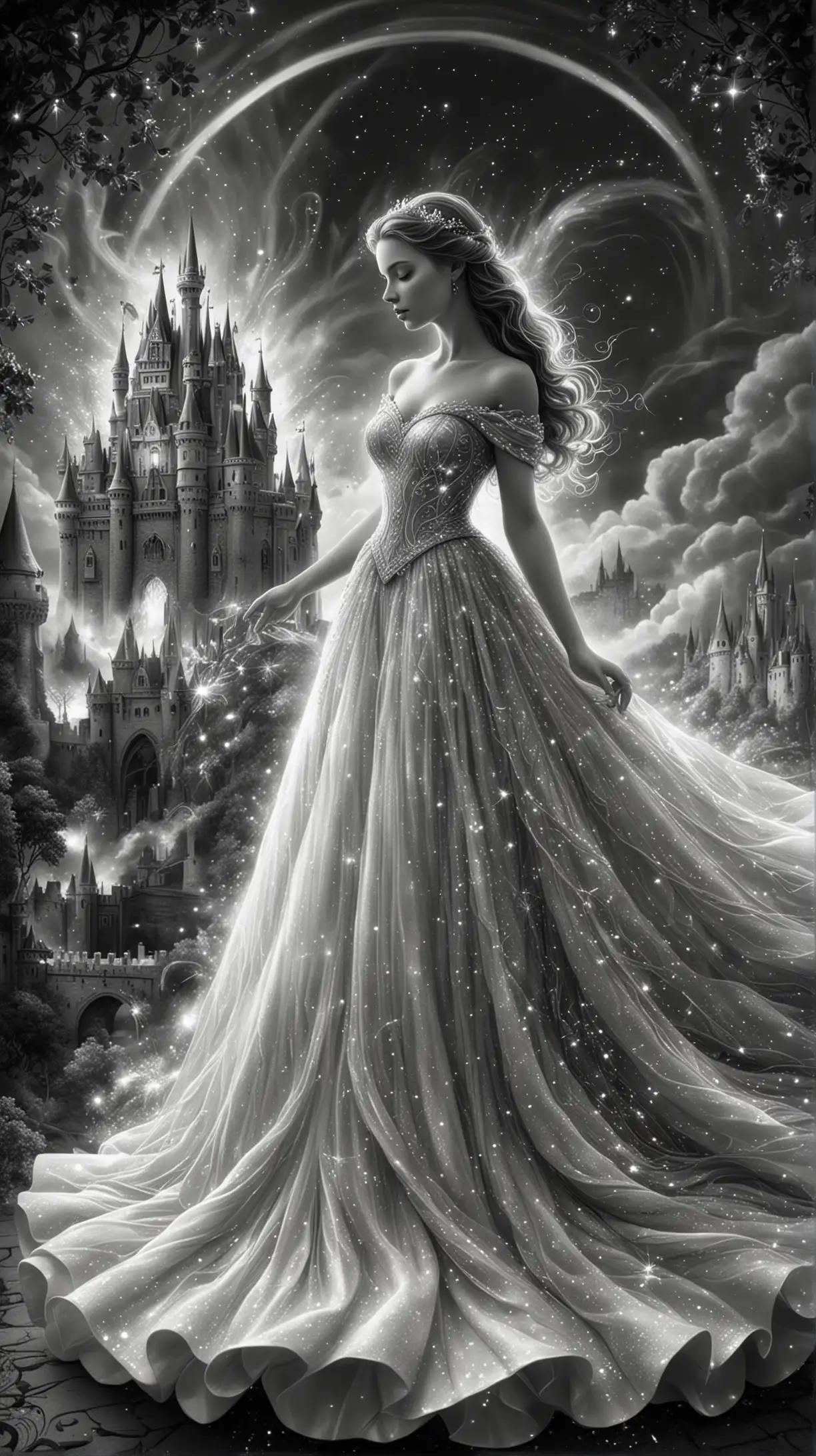 Ethereal Princess in Iridescent Gown with FairyTale Castle Background