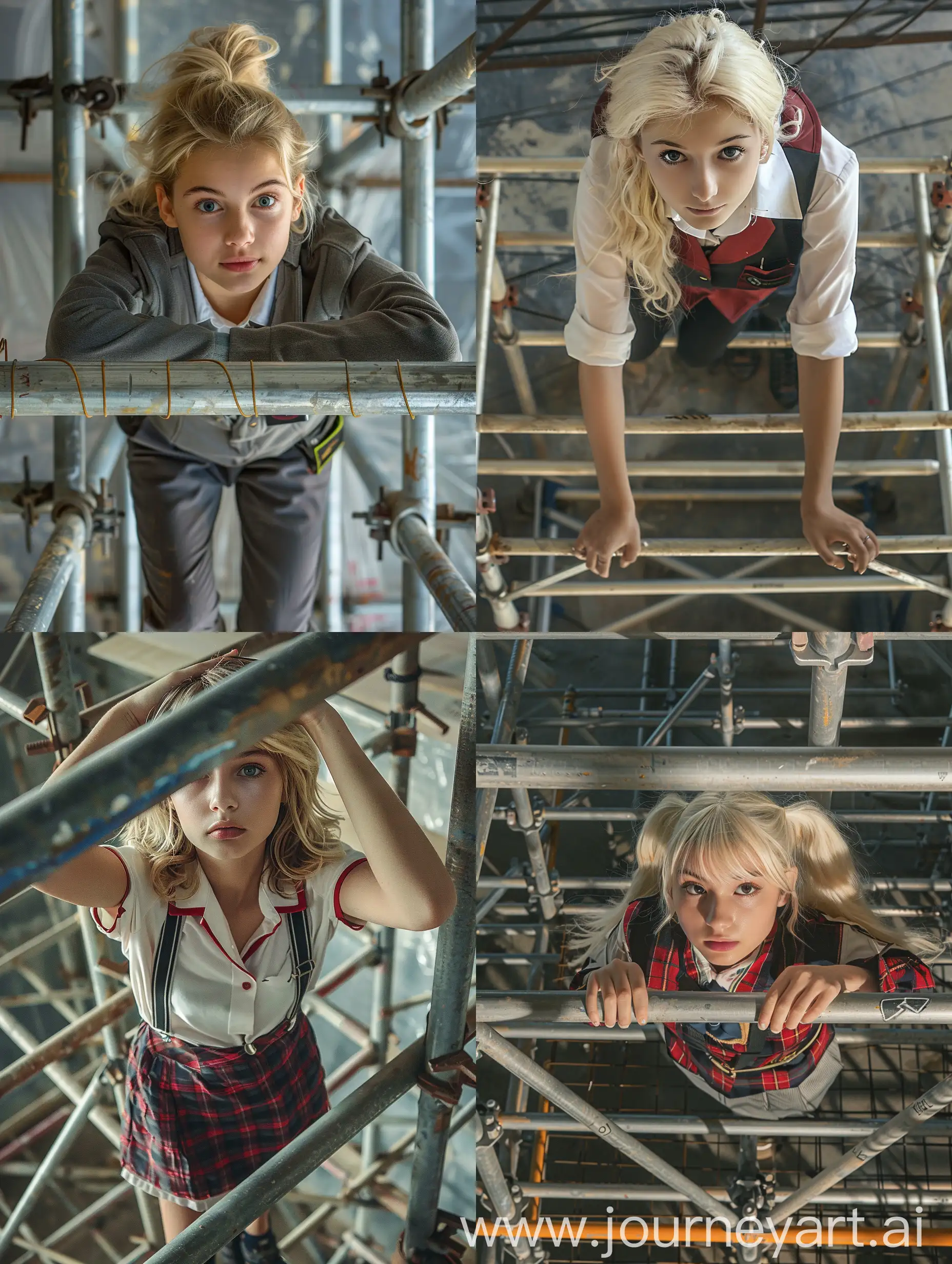 beauty girl, blonde hair, 19 years old, school uniform, is working on a steel scaffolding under construction, down view