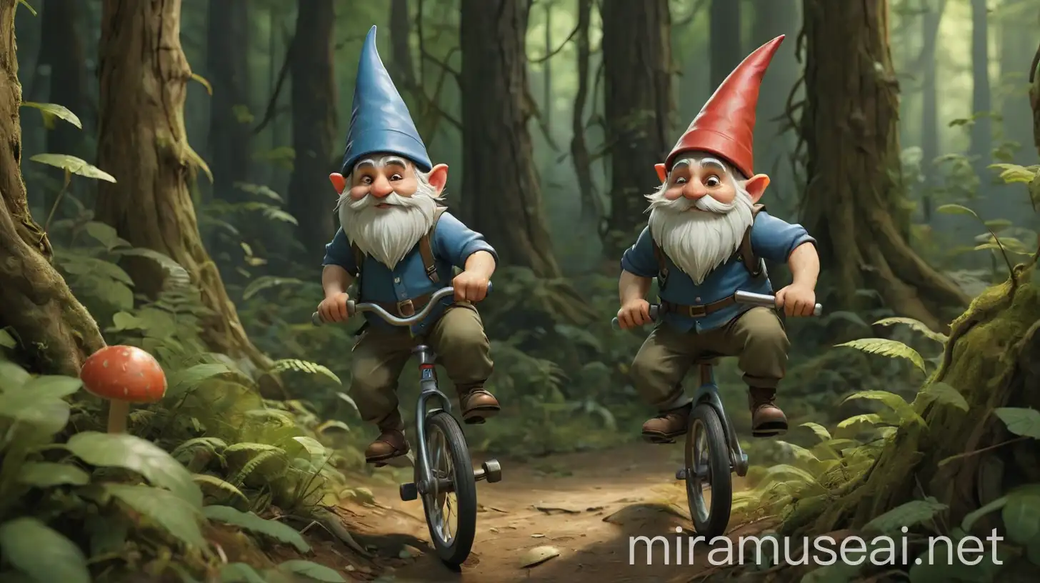 /imagine prompt: 3D animation, personality: [Illustrate gnome's unicycle, venturing into the dense forest with a mix of fear and excitement on their faces. Show the winding path, dense foliage, and the sounds of various animals to create a sense of adventure and mystery] unreal engine, hyper real --q 2 --v 5.2 --ar 16:9
