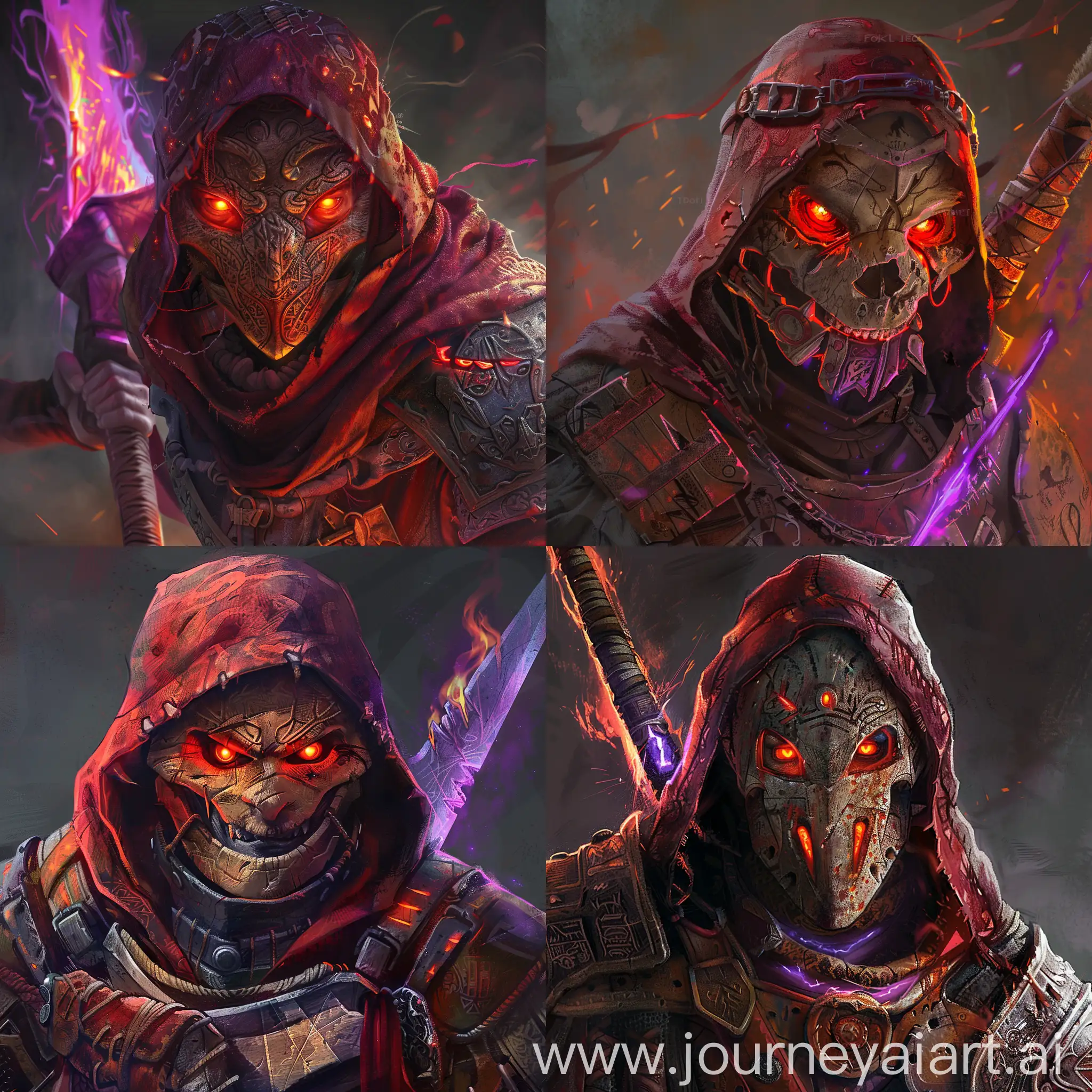   Create an awe-inspiring digital painting of Jack of Blades from the Fable video game franchise. Jack is shown with a ancient looking mask wearing a red hood with ancient armor underneath it. He has glowing red and orange eyes that make him looking menacing. Inspiration should be drawn from J.R.R. Tolkien's universe.  Jack is seen holding  a large broadsword that glows with a dark purple flame. The artwork should be rendered in ultra-high 8k resolution to capture the essence of the terrifying character