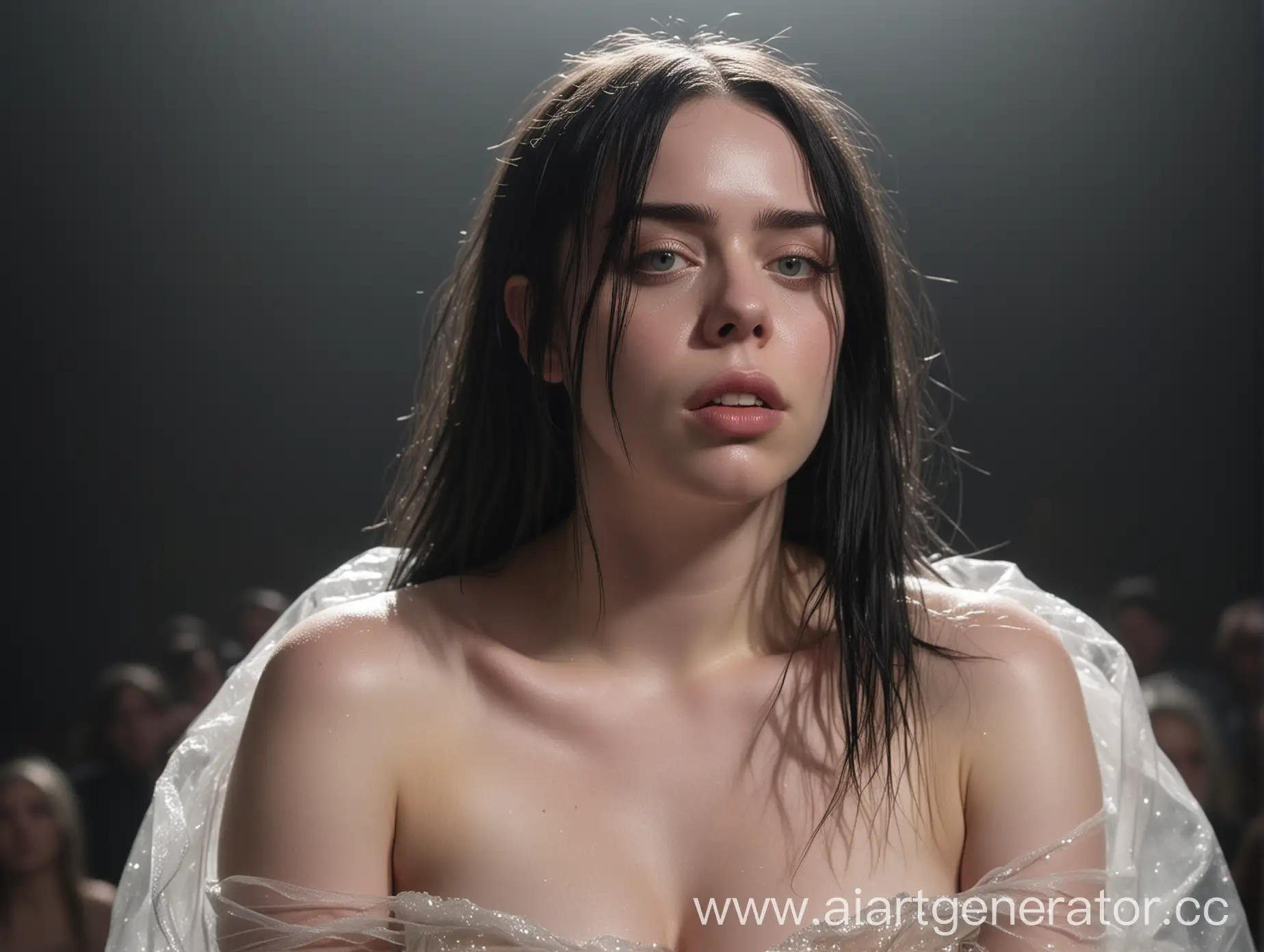 Completely naked, full-length, in the unearthly radiance of the digital world, a mesmerizingly beautiful singer engaged in paranormal phenomena, Billie Eilish sits on the stage where her gala concert took place. In this popular cinematic photograph, her delicate facial features are illuminated by the soft, otherworldly spotlight, and her pubis is completely hairless. The image reflects her essence in the smallest detail, from well-defined muscles to perfect makeup. The clarity of the high-definition image enlivens it, inviting viewers to immerse themselves in the mesmerizing beauty of this supernatural creature. 8K. hd