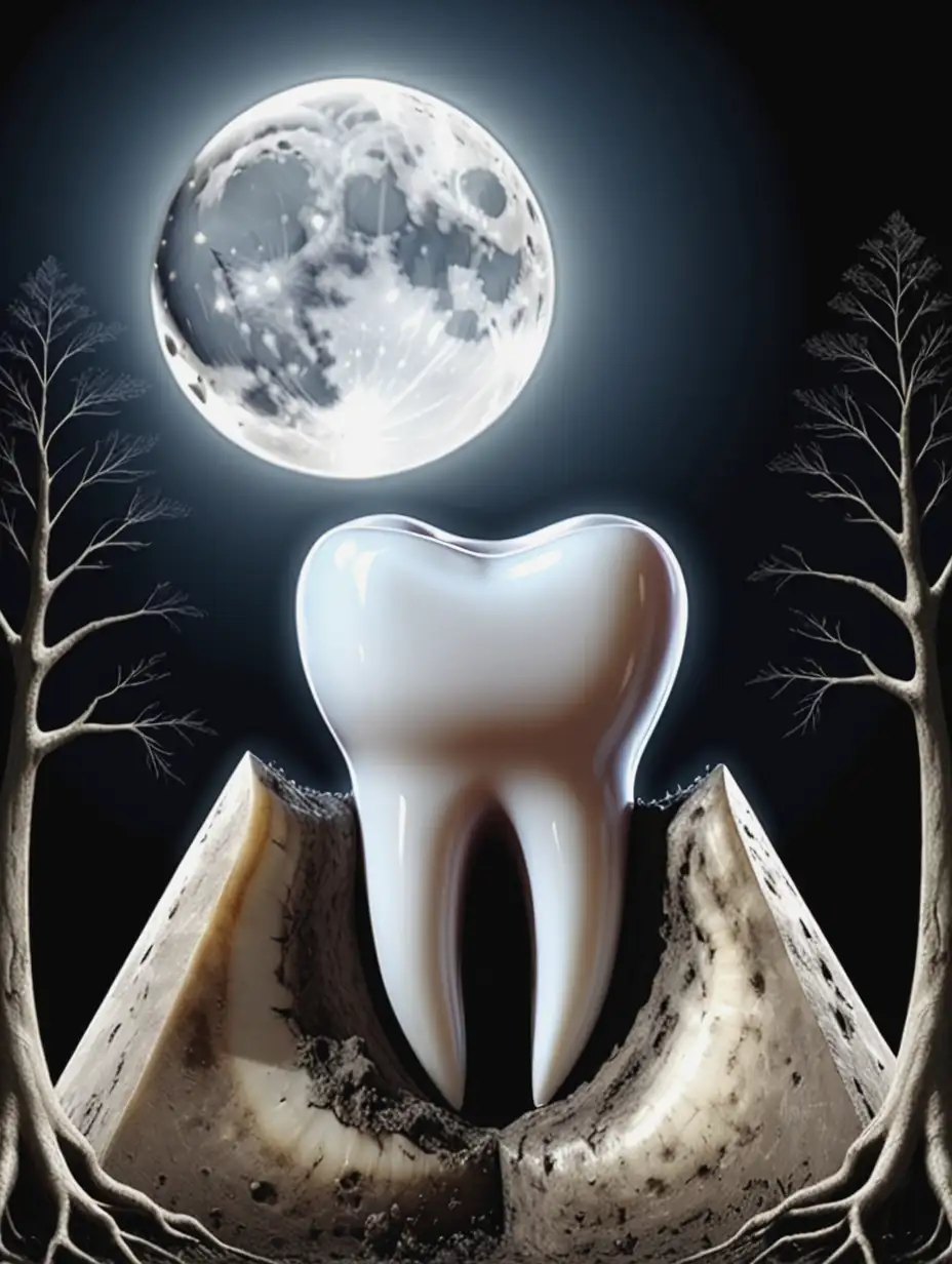 Зуб в виде треугольника,от него идут глубокие корни а над ним полная луна