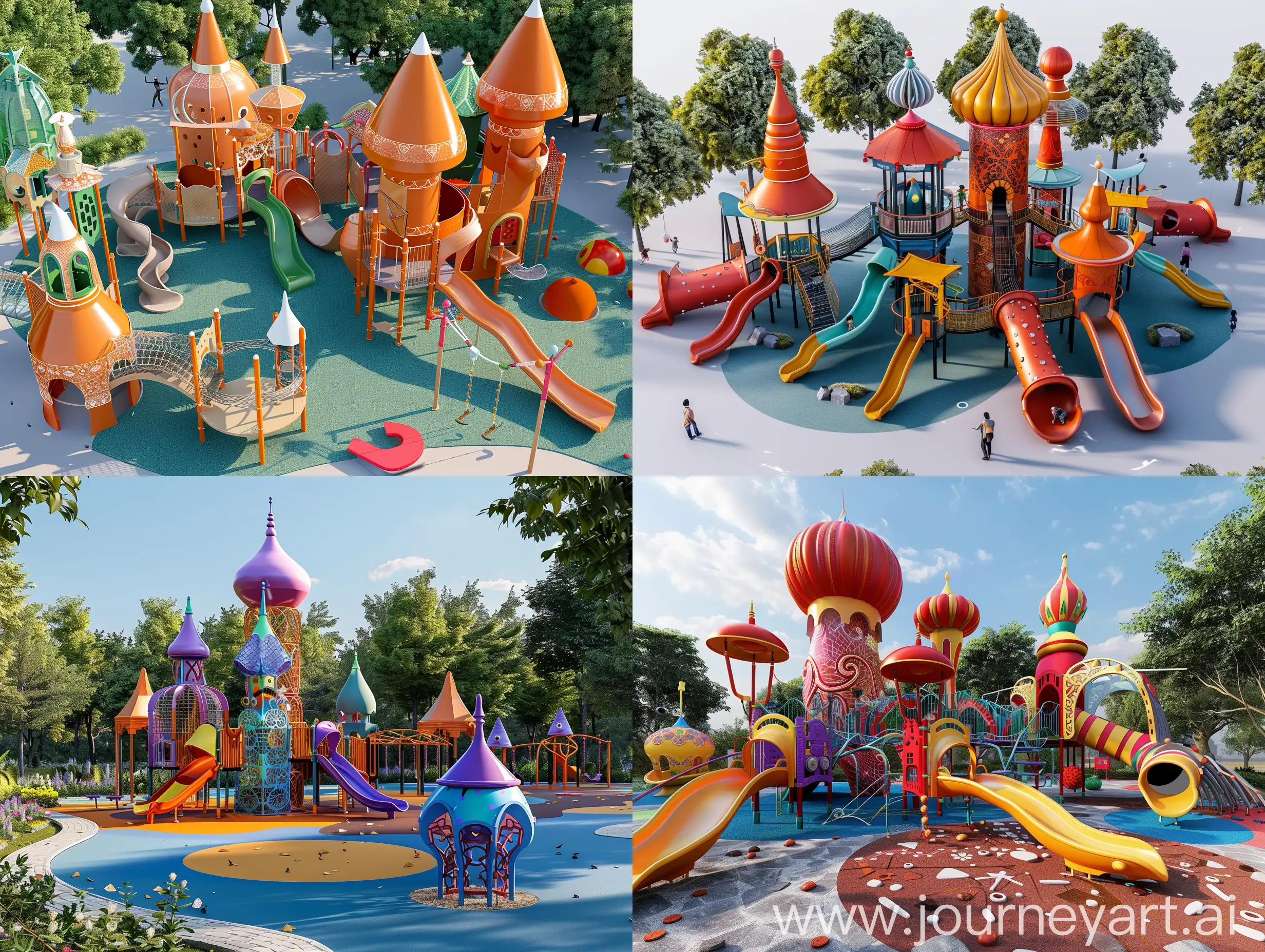 create me an image of Persian Inspired minimal and modern style of design Playgrounds
Concept:Children's playgrounds inspired by Persian fairy tales and stories. These playgrounds feature equipment shaped like characters and elements from these stories.
Design Style:Style: Fun and imaginative with traditional story elements.Trend: Thematic playgrounds for educational play.
Details:Form and Shape: Play equipment shaped like story characters.Structure: Safe and solid.Dimensions: Varied.Material: Metal, plastic.Color: Bright, engaging colors.Features: Swings, slides, climbing structures.Location: Parks, playgrounds.
Prompt:"Design a children's playground inspired by Persian fairy tales, featuring equipment shaped like characters and elements from the stories. Made from metal and plastic, with bright engaging colors, suitable for parks and playgrounds, focusing on educational and imaginative play."playground design layout style