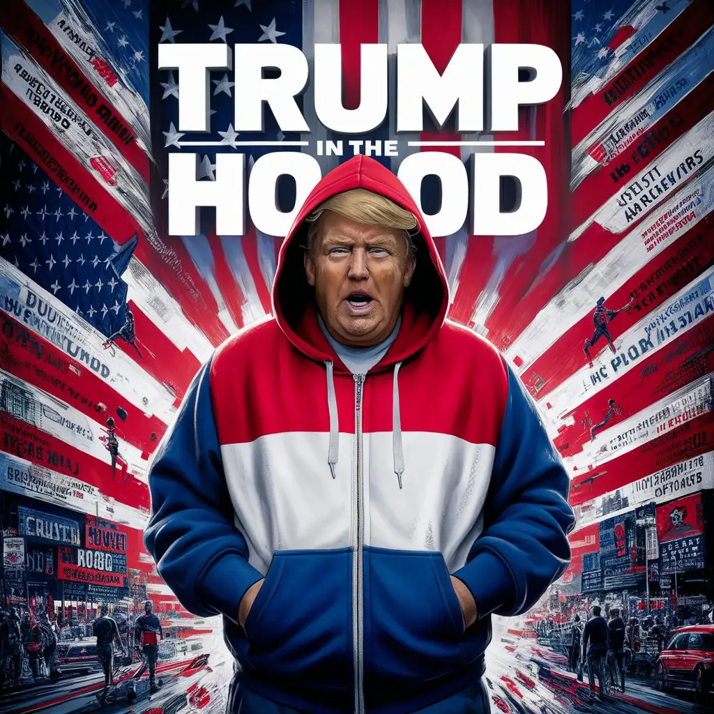 a patriotic election illustration, text "Trump in the hood"