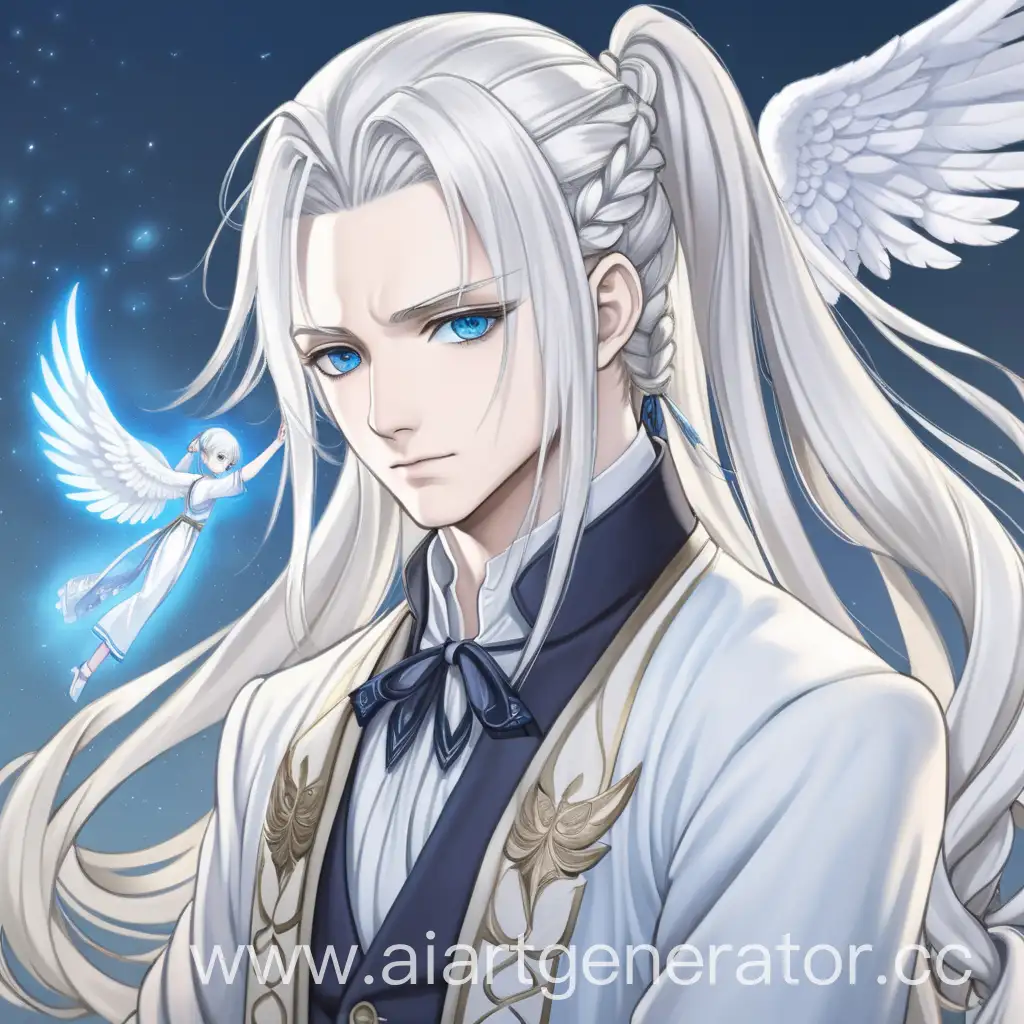 The young man is an angel in anime style. Long white hair, braided in a loose ponytail. Blue eyes. pale skin. The clothes are from the beginning of the 19th century.