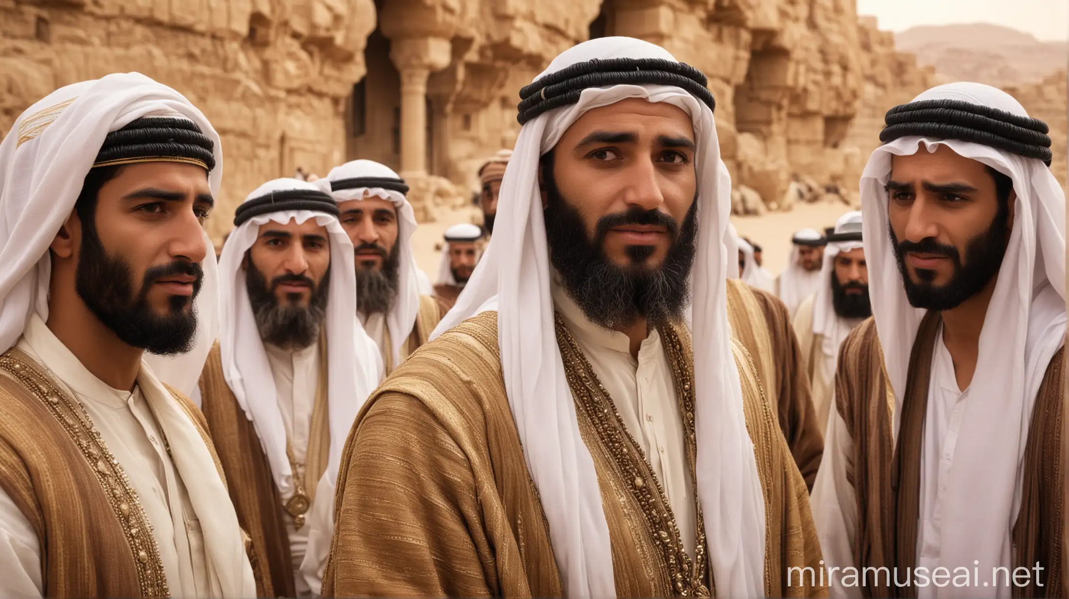 a wealthy looking Arab man talking to about 8 different jewish men. Set in the Middle East, during the Era of the Biblical Moses.