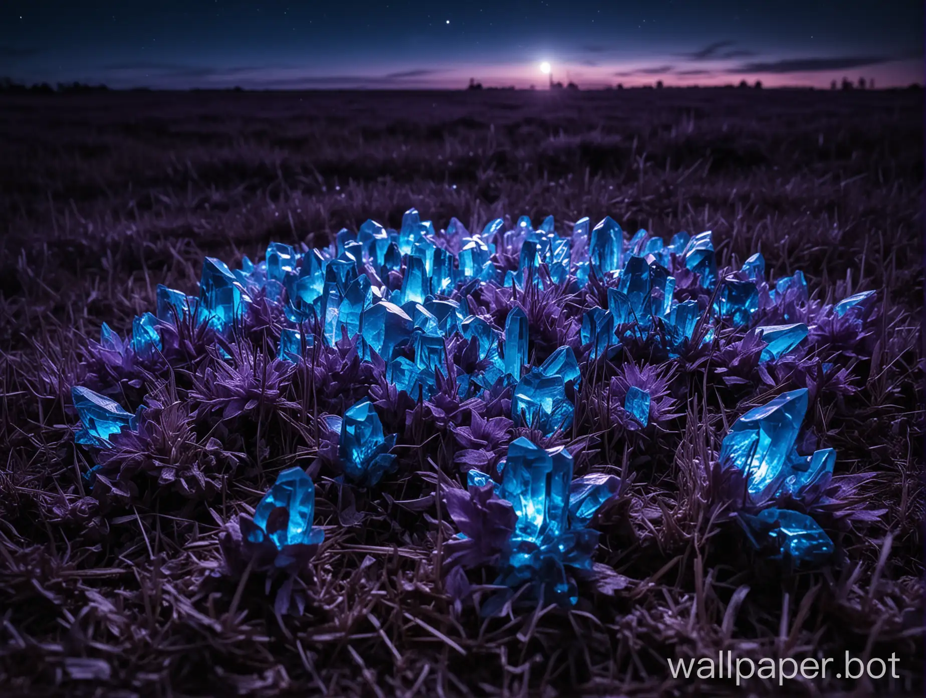 glowing blue and purple crystals at night in a field