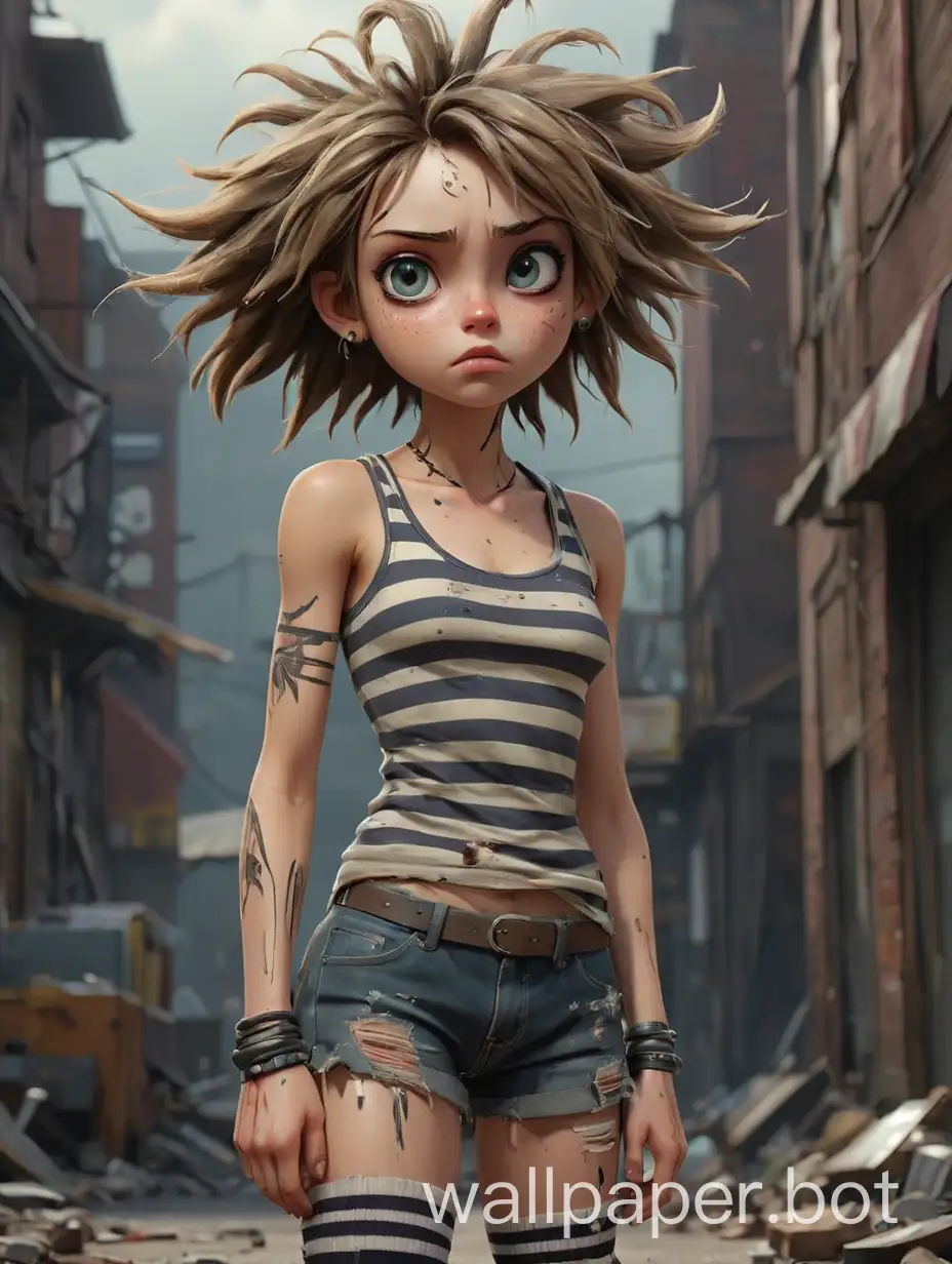 full-length, Tim Beauton, exaggerated features, 17-year-old punk girl in striped socks and a tattered tank top. clear skin. Mysticism, myth, illusion, energy, dynamism, struggle, macroparticles, alien creatures, large detailed eyes, realistic facial skin texture - macro, complex details, octane number, clarity, realism, 32k, cinematic, ultra-high detail, correct anatomy, high quality, Artstation, ideal centered composition, Greg Rutkowski, Ilya Kuvshinov