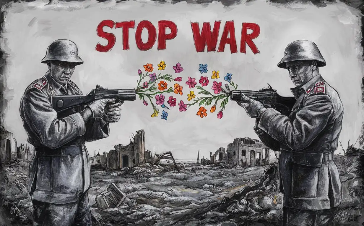 Men Holding Guns Amidst Flower Field Painting Sketch AntiWar Message