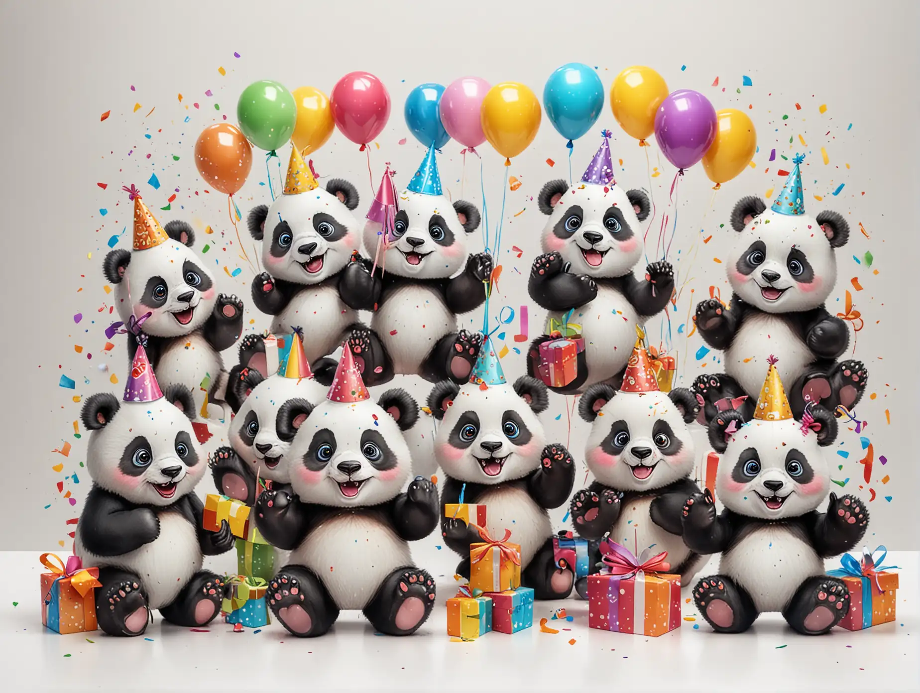 Colorful Cartoon Pandas Celebrating at a Birthday Party on White Background