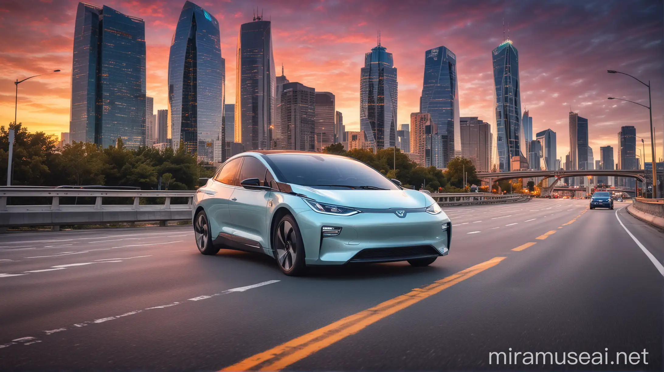 Futuristic photo of EV car on the highway go to downtown, high rise building in the background, vibrant color and light