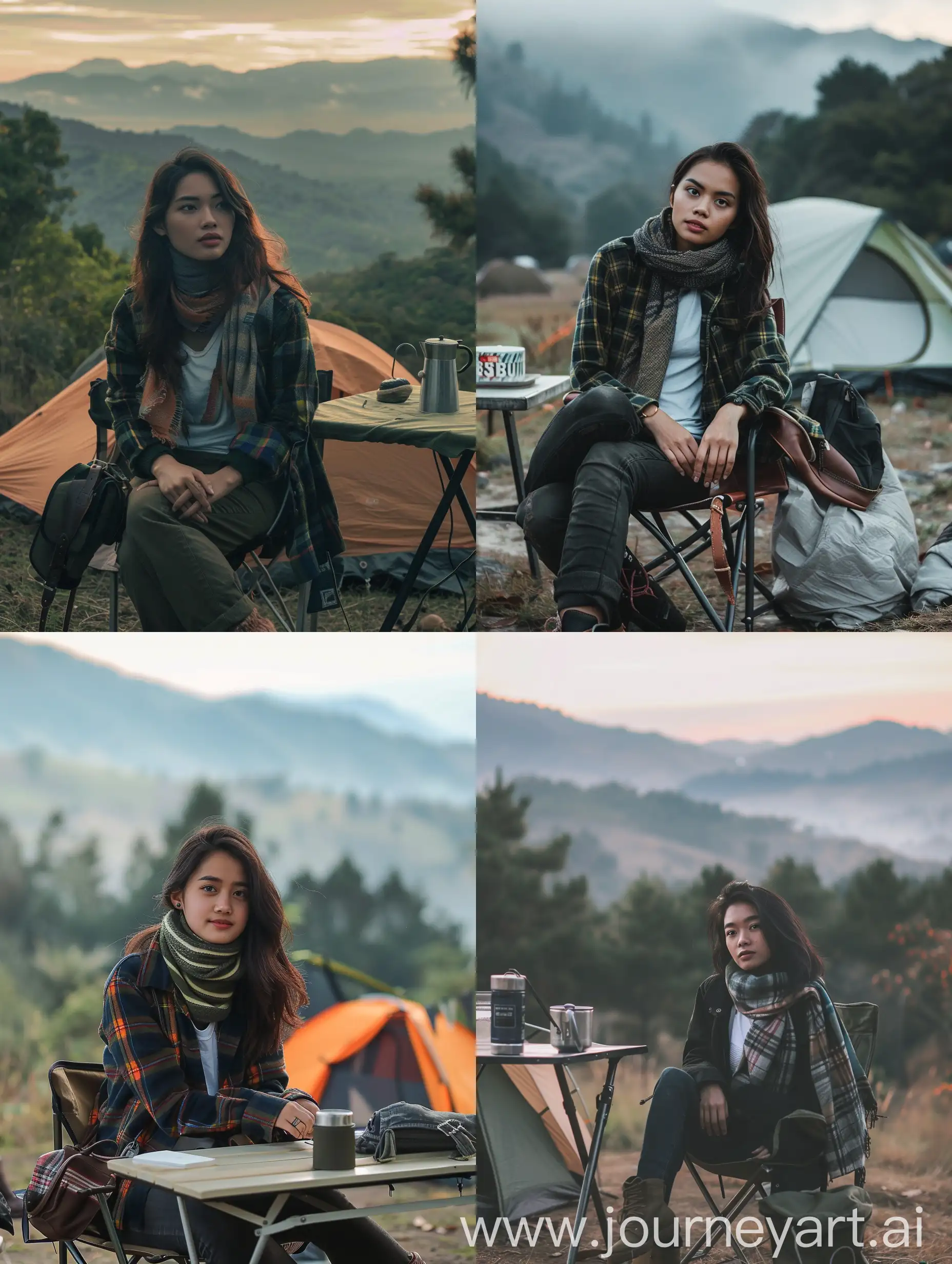 Scenic-Mountain-View-Indonesian-Woman-Relaxing-in-Forest-Campsite