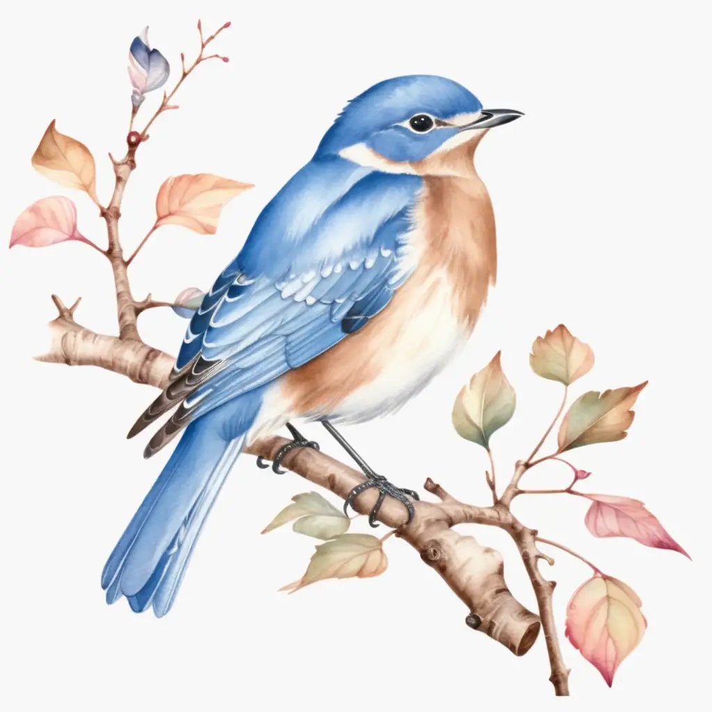 Aesthetic Watercolor Blue Bird Sitting on Branch White Background Clipart