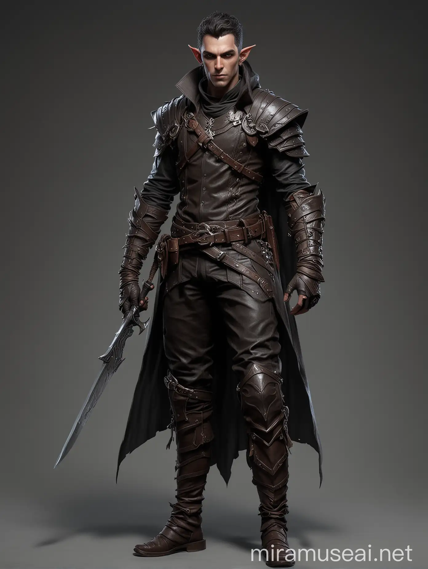 Dark male elf assassin, adventurer, leather clothes, daggers in hands, fantasy character design, fullbody,  