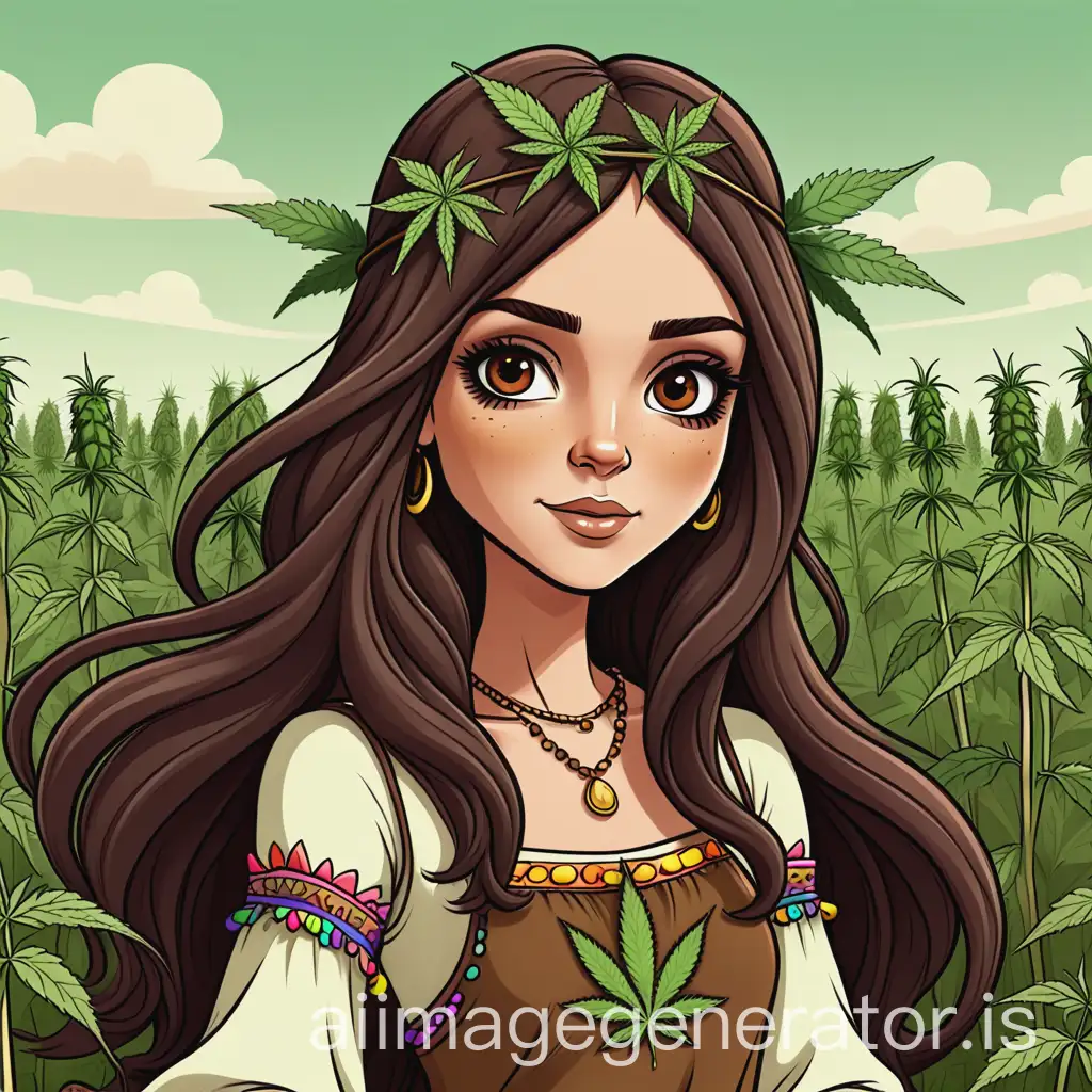 cartoon, brown hair, dark brown eyes, hippie styled marijuana princess in a field