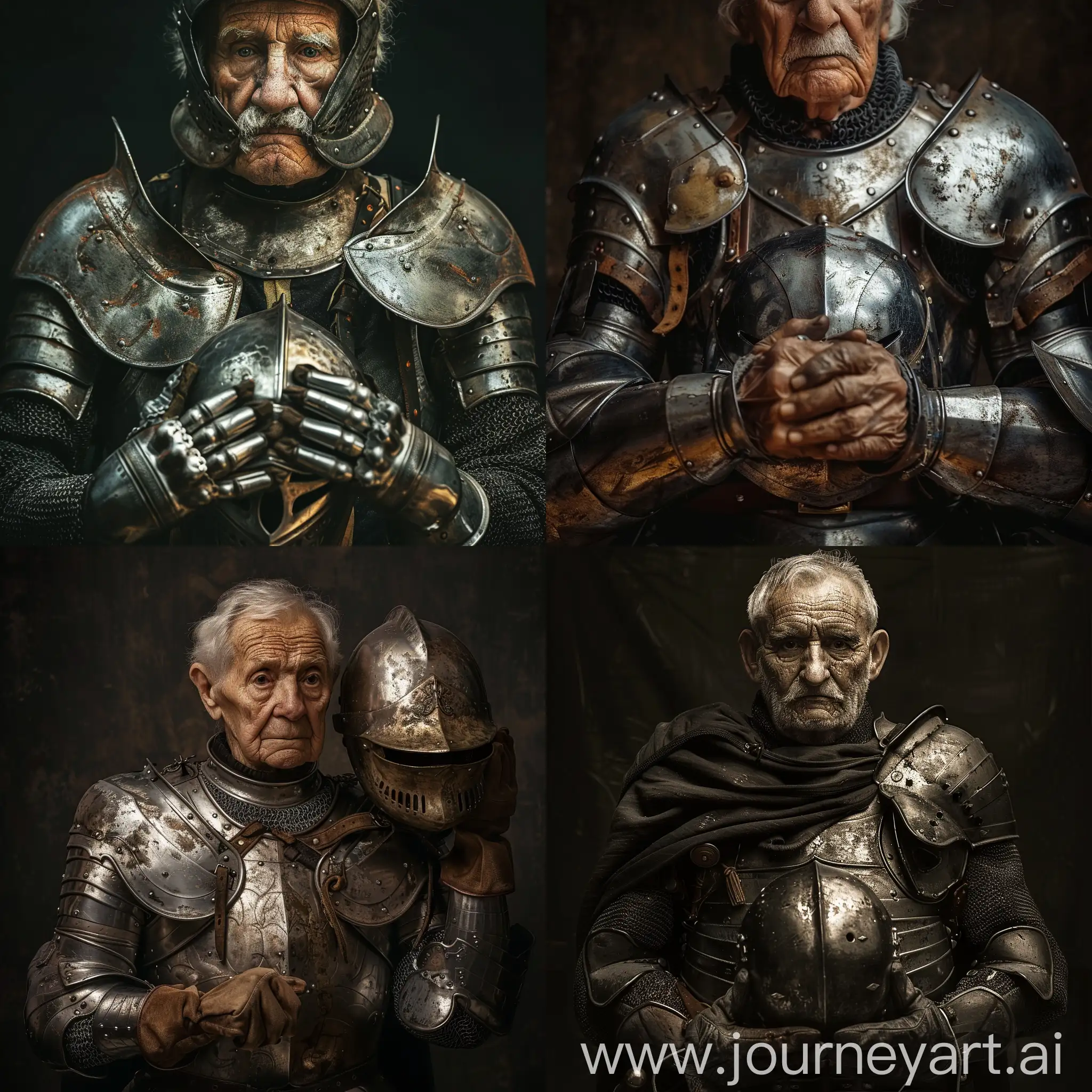 Old veteran-knight in plate armor and with helmet in hands