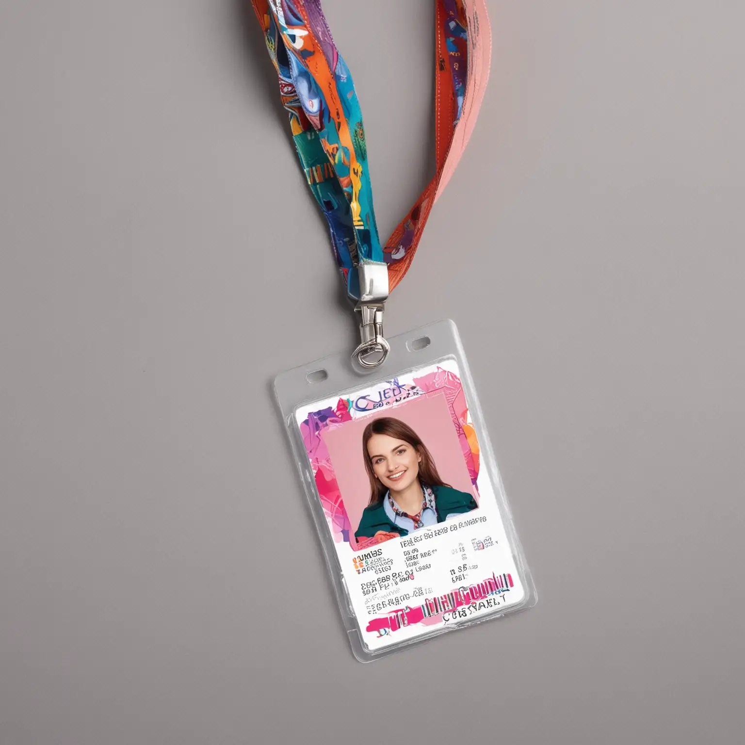 Generate an image of a Plastic ID Card which is inside of ID Card Holder. This id card and holder is attached to multicoloured printed satin neck lanyard