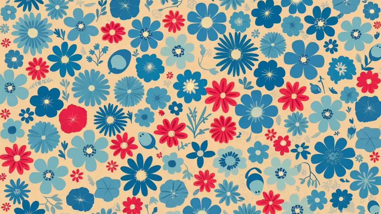 simple cute folk art flowers pattern. should cover the whole page. colors should be mainly blues and some reds for a relaxing color scheme. 
