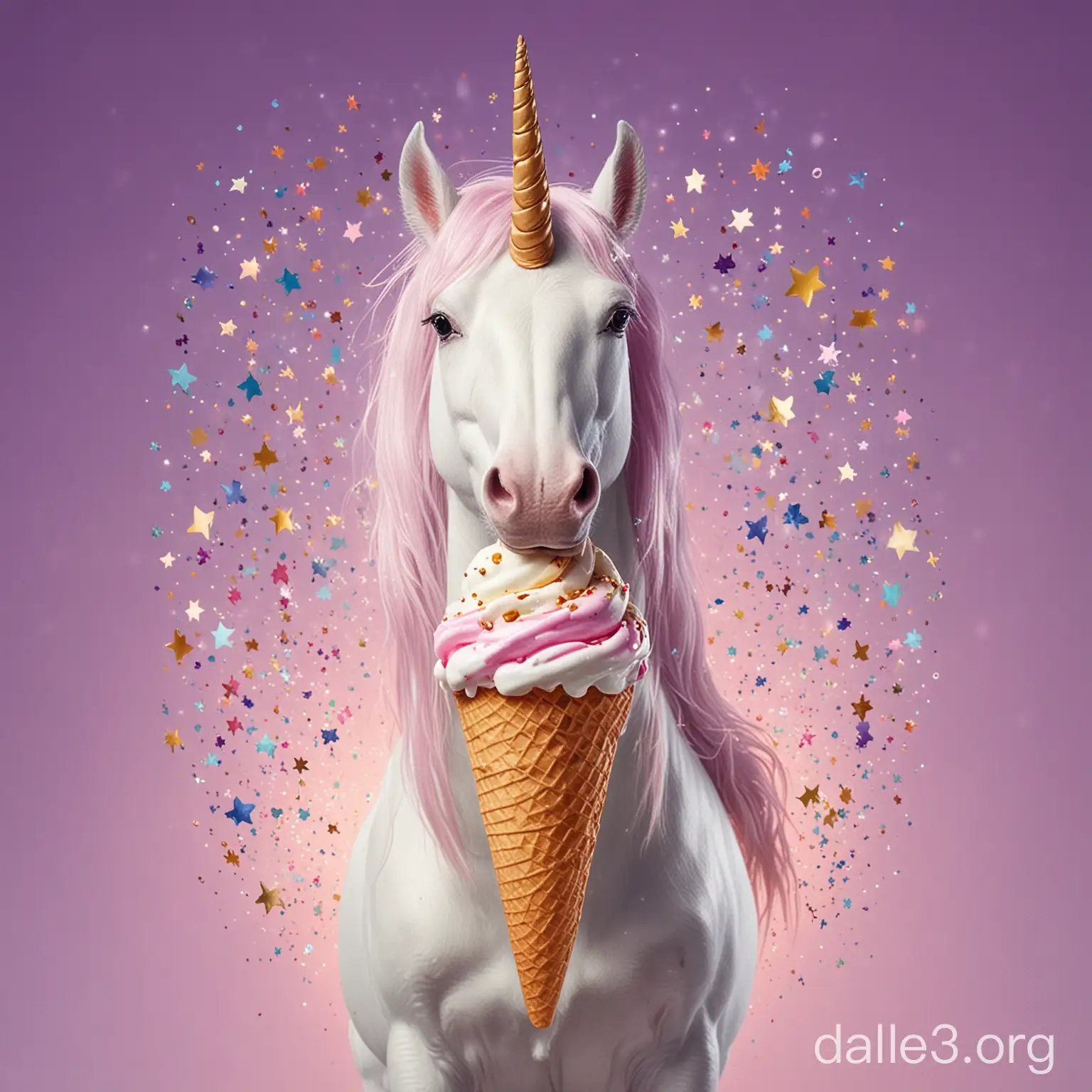 CREATE A UNICORN EATING AN ICE CREAM WITH STARS AROUND IT