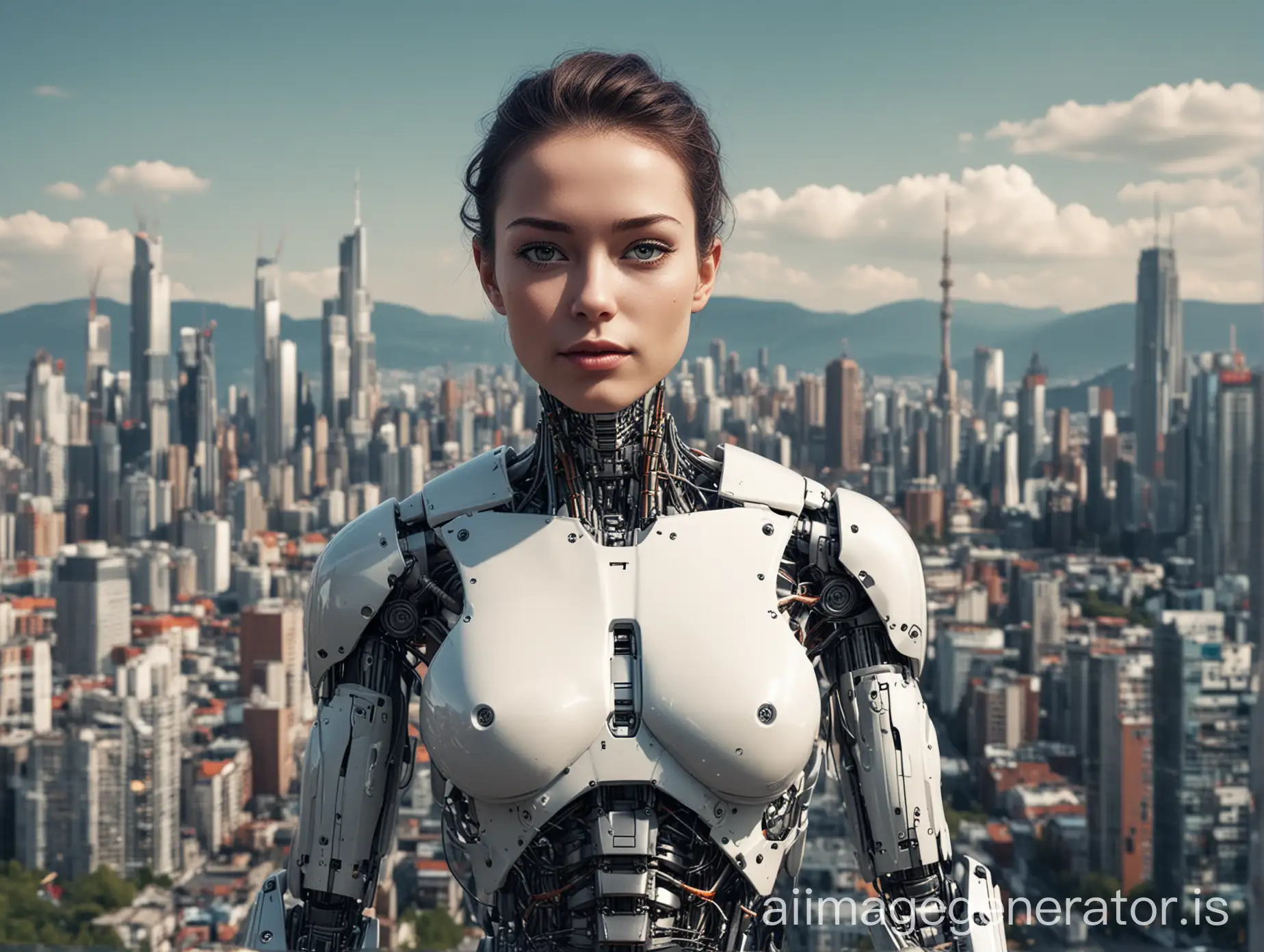 Half human, half robot, posing for the camera. Modern city in the background.