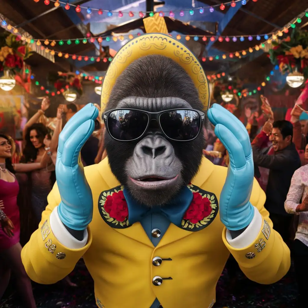 Colorful Dia de los Muertos Gorilla Party Scene with HyperRealistic Cinematic Style