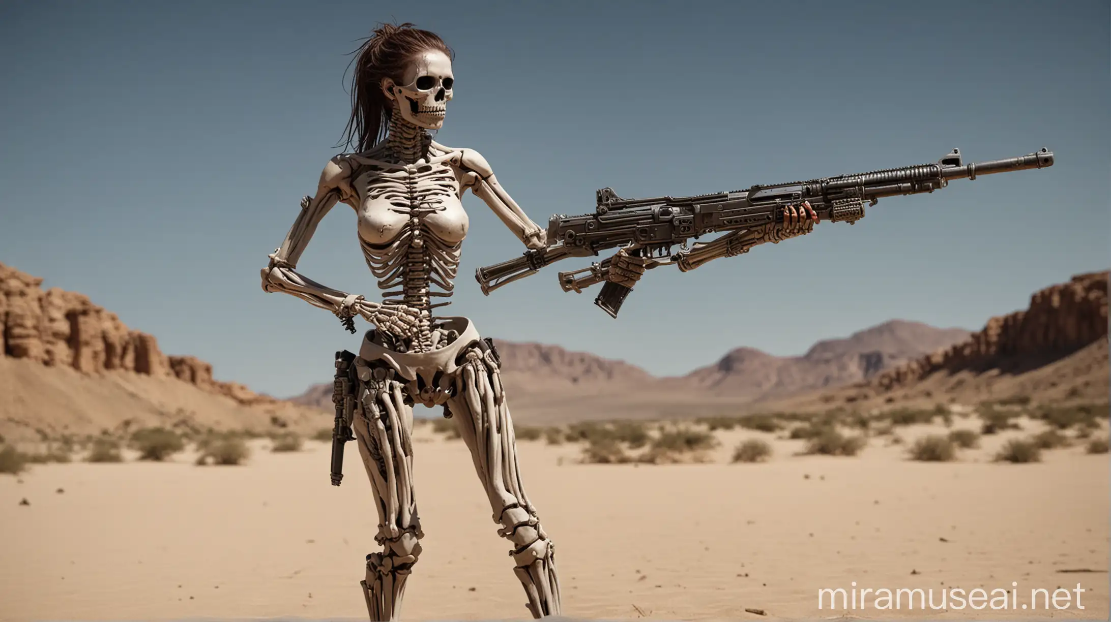 Topless Female Warrior Confronts Desert Gunslinger Skeleton