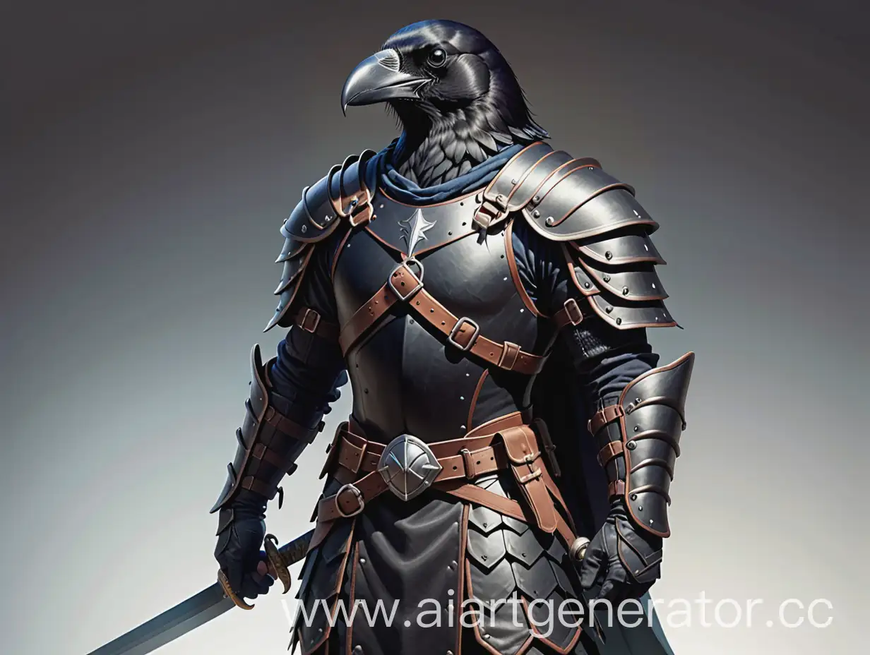 Warrior-with-TwoHanded-Curved-Sword-in-Leather-Armor-Confronting-a-Crow