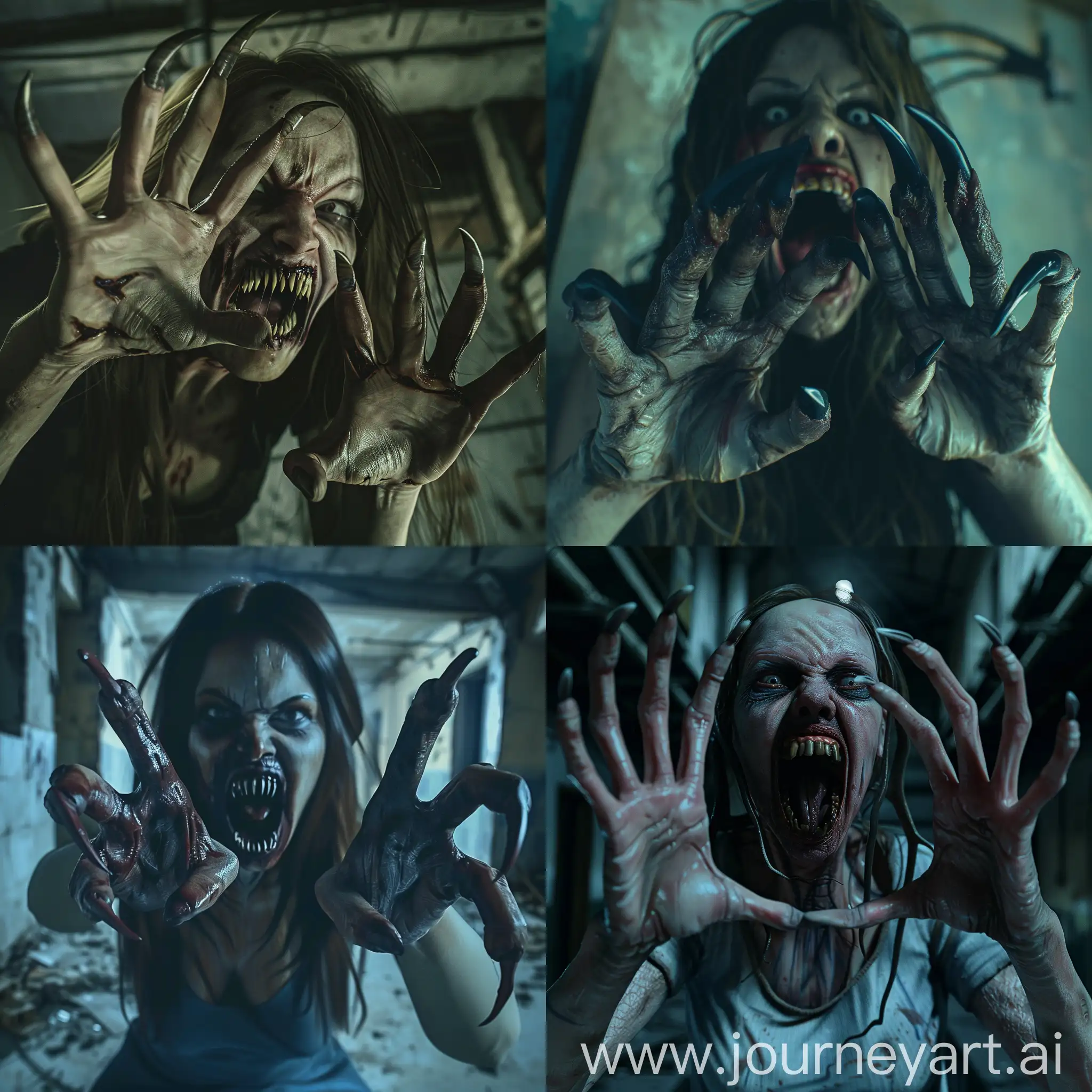 Terrible Zombie woman with long curved pointed nails protruding from her fingers like menacing claws, she looks like a  who has climbed out of the grave, her mouth is threateningly open exposing pointed teeth resembling fangs,  The scene takes place at night, in an abandoned building, hyper-realism, photorealistic, cinematic, high detailed, nails detailed, detailed photo.