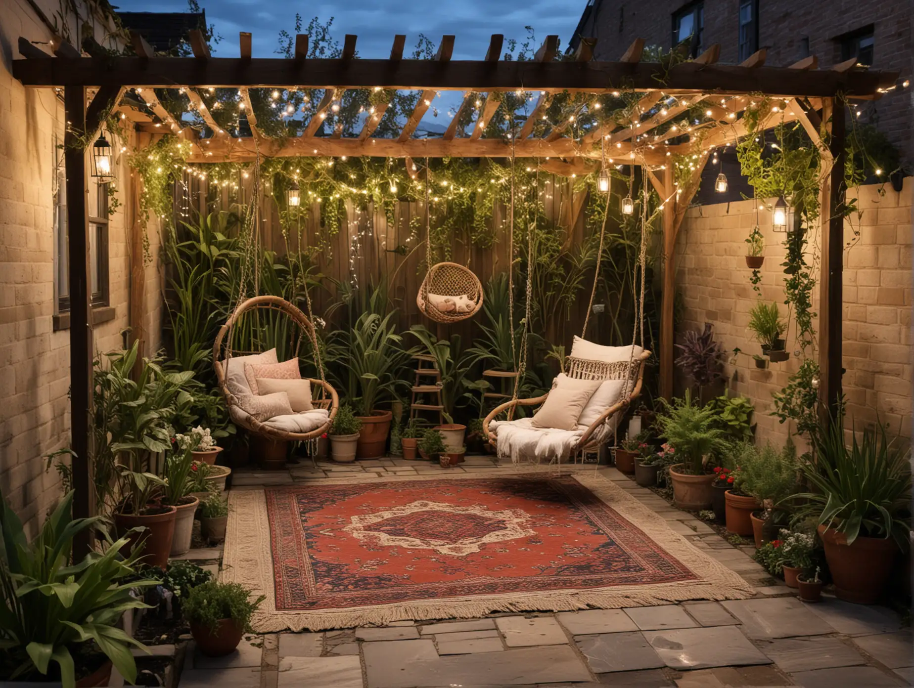 A rustic patio with a wooden pergola, hanging swing chair, and a small garden pond. The space is decorated with fairy lights, outdoor rugs, and various potted plants.