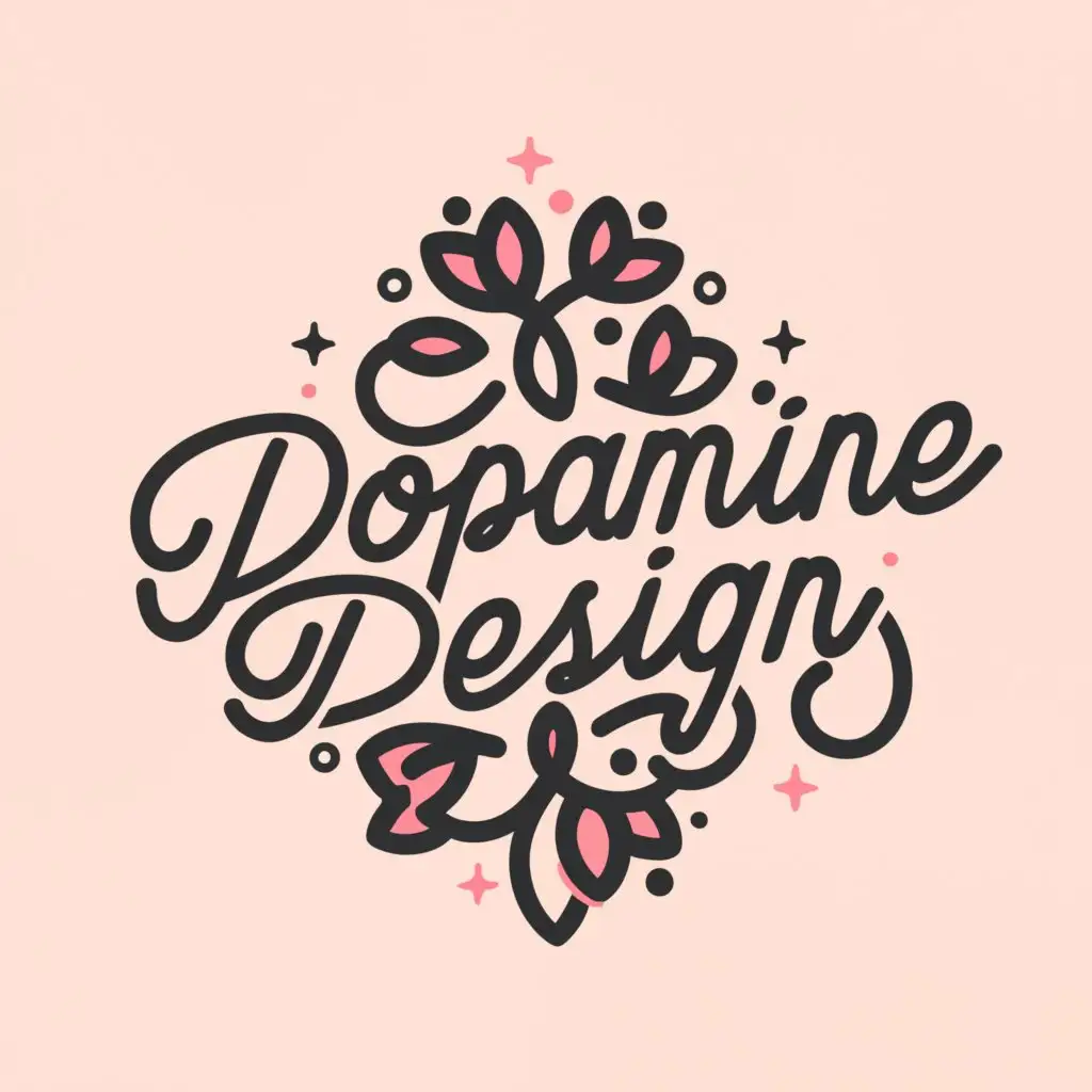 a logo design,with the text 'Dopamine Design', main symbol:Flowers, hearts, sparkle, positive energy, pink,clear background, correct spelling, simple, clear, catchy