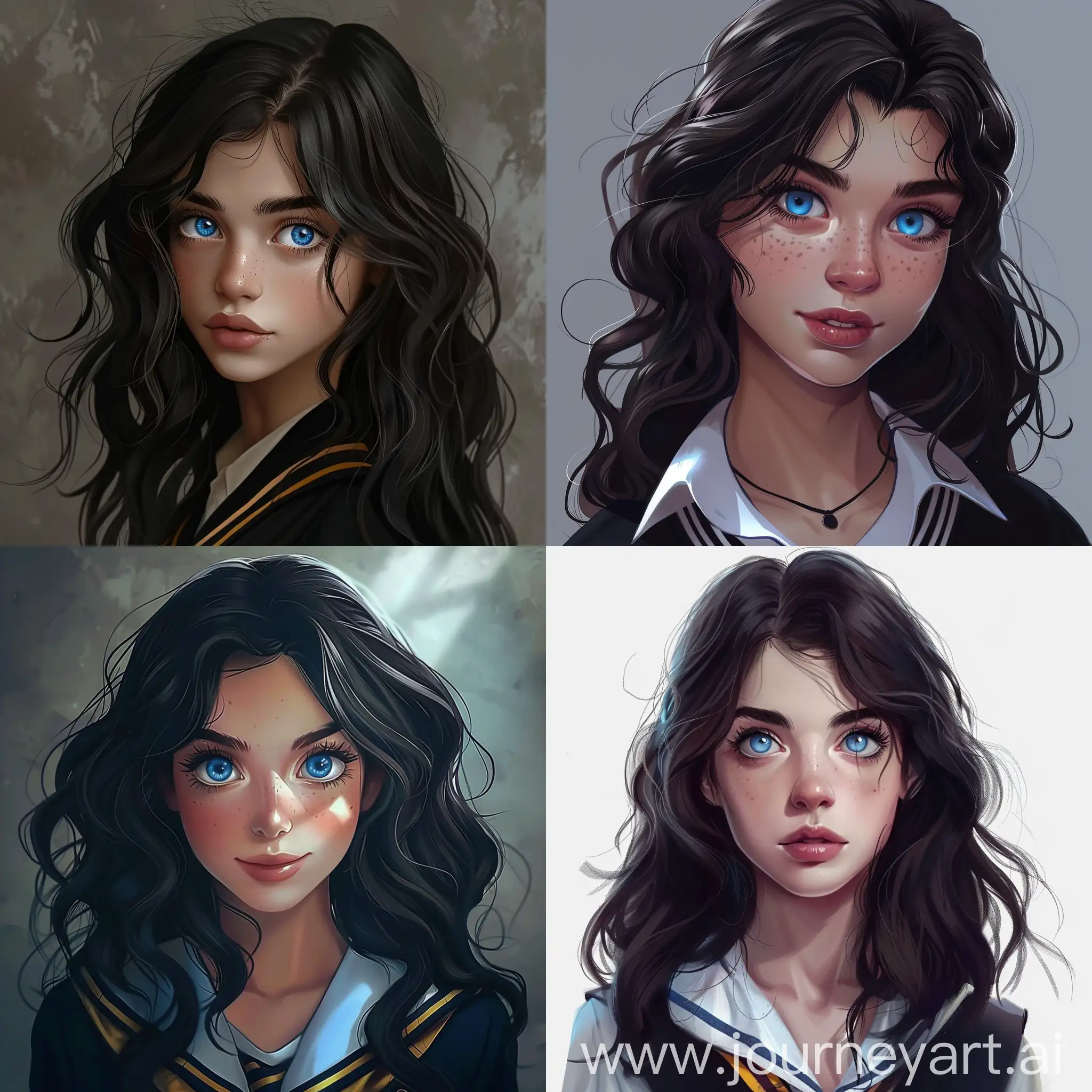 Beautiful girl, dark hair, blue eyes, white skin, teenager, 15 years old, Hogwarts student, Ravenclaw, high quality, high detail, cartoon art
