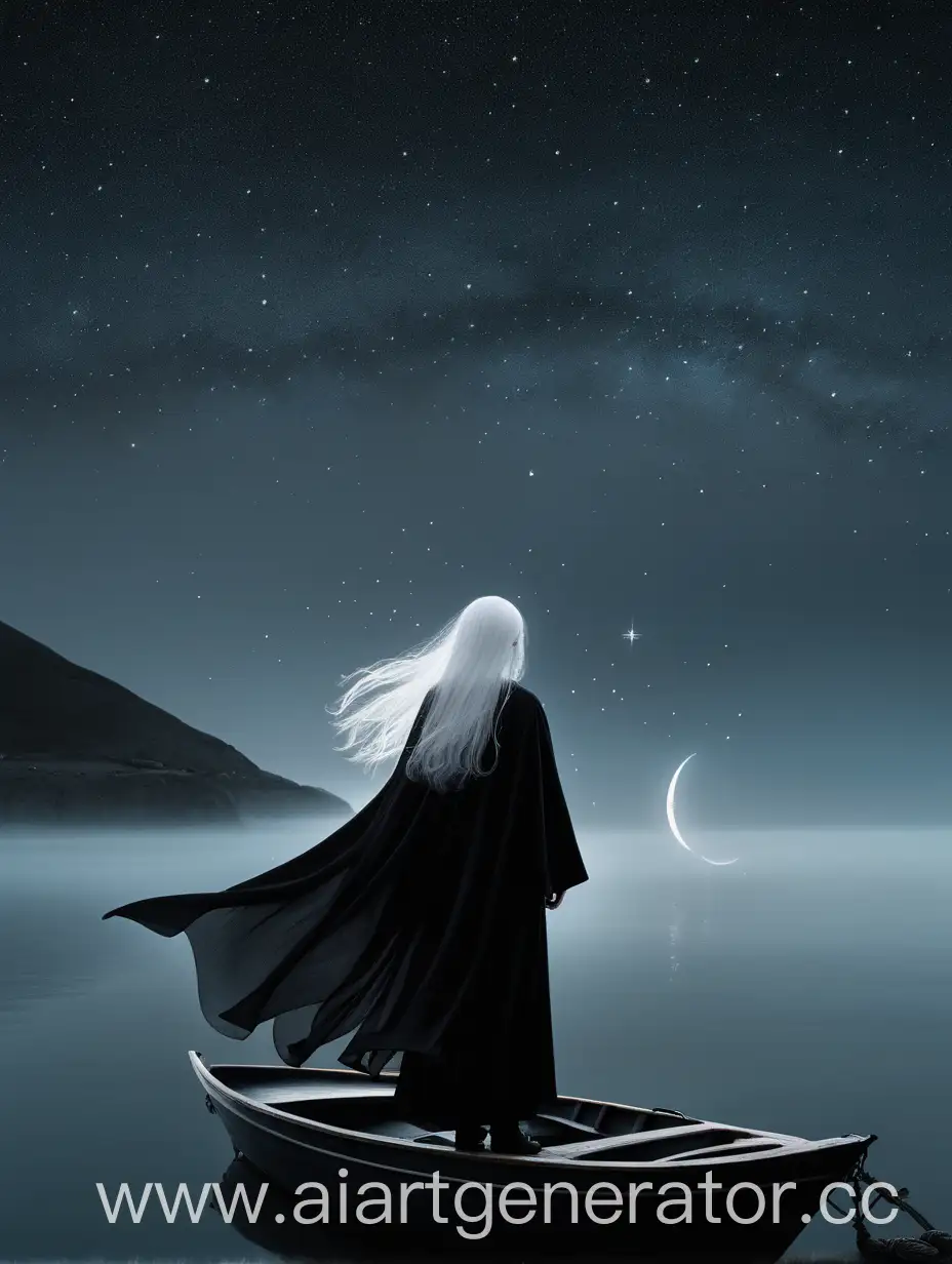 человек среднего роста с длинными белыми волосам и закрытыми глазами в чёрное одежде с белой накидкой стоит рядом с лодкой около моря, которое покрыто туманом, в вечернее время суток, когда на небе только появляются первые звёзды