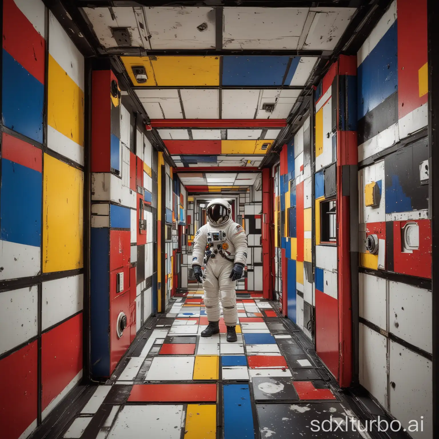 An astronaut is in a Mondrian-style space station, whose walls are made up of red, yellow, blue and black straight lines and rectangles. The astronaut opens the window and sees a universe conceived by a Cubist artist, with planets and nebulae presented in geometric shapes and bright colors, creating a visual effect that combines minimalism with science fiction.