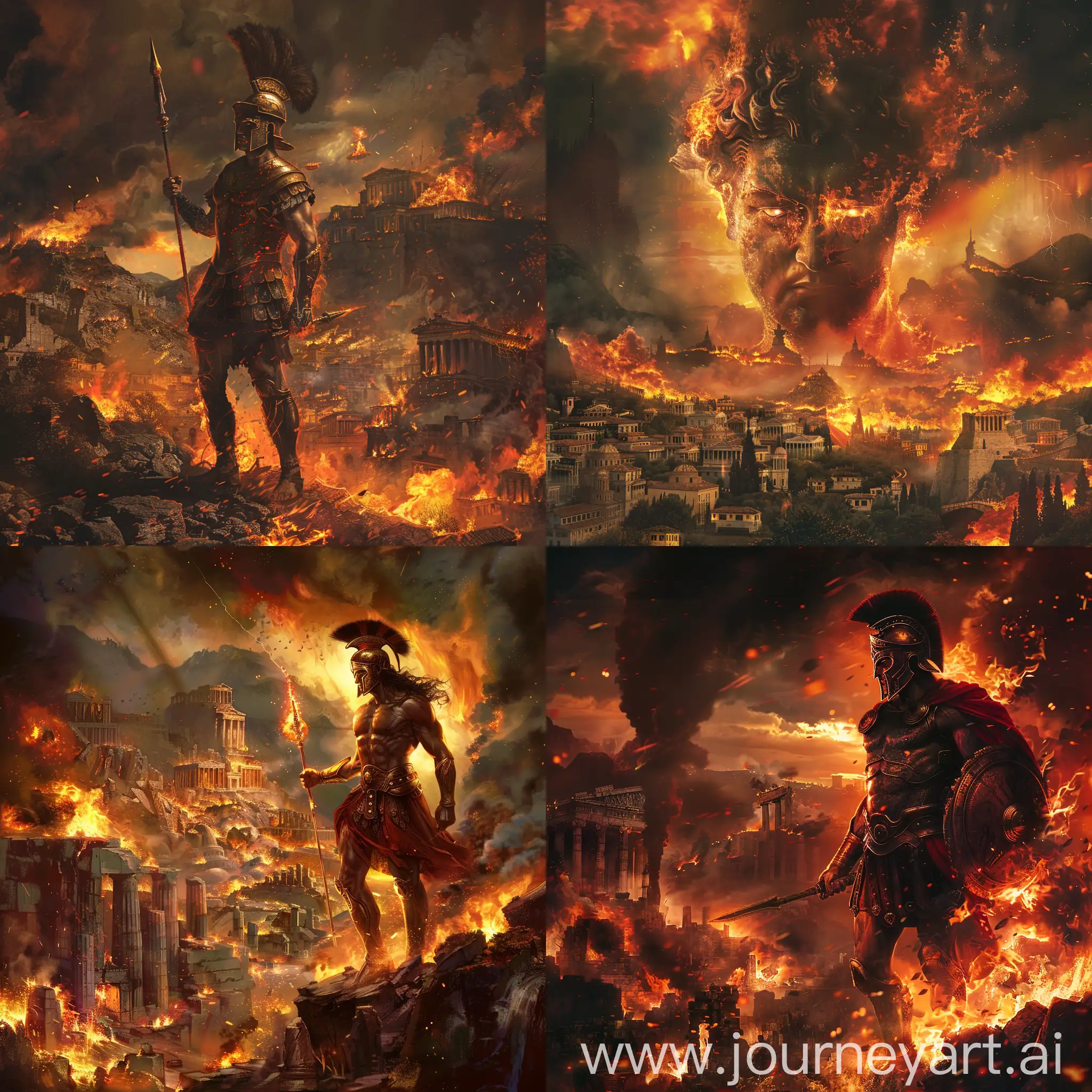 Ancient-Greek-God-Ares-Surrounded-by-Fire-in-Front-of-Burning-Cities-and-Villages