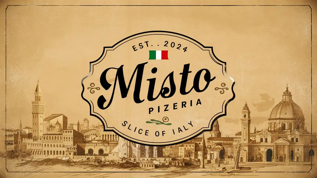 Misto Pizzeria , Letter mark , Minimal , Edge decoration, Italian colors, EST 2024 , Italy flag , Vintage, Slogan, Slice of Italy, Sketched Italian City, Old School, Antique style