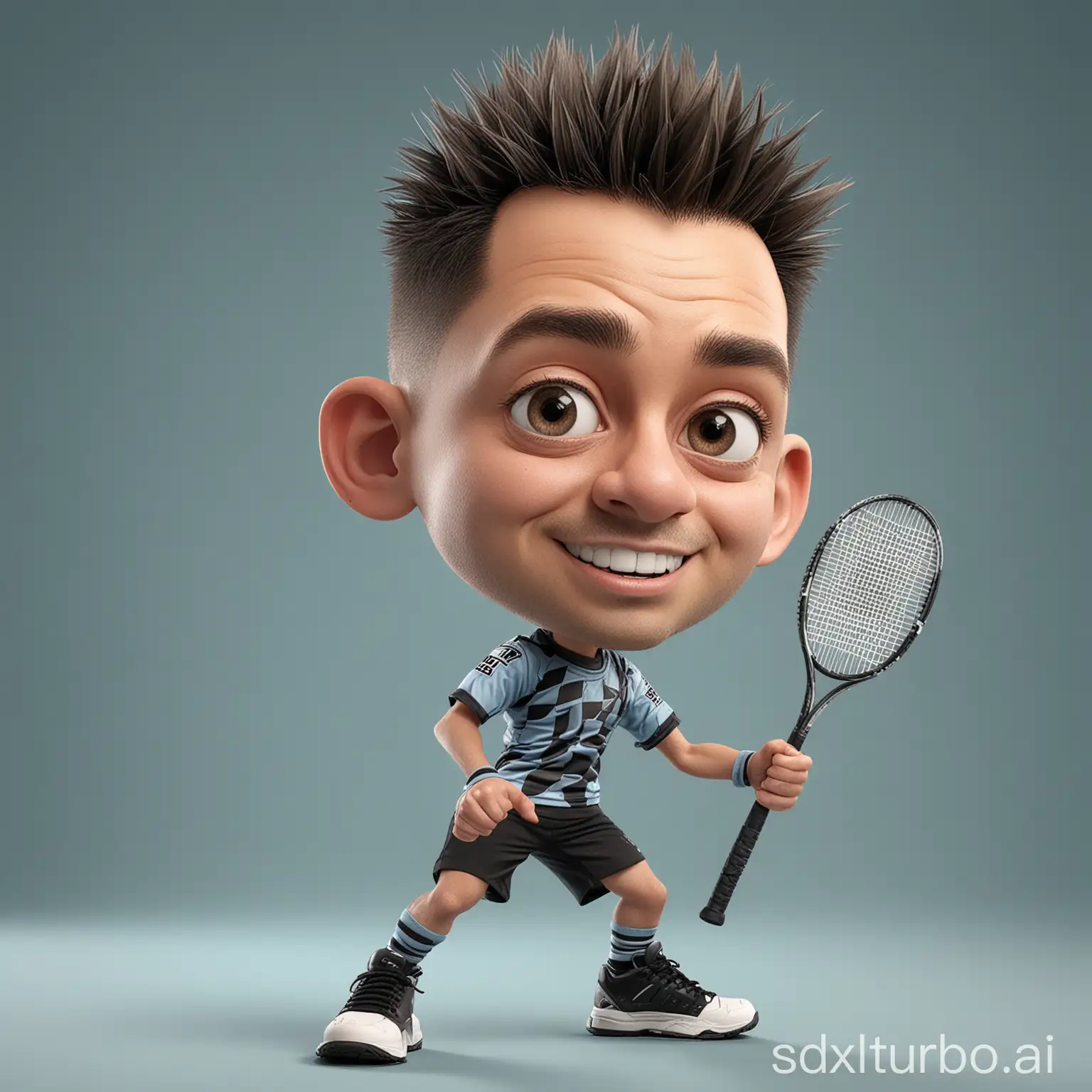 make a 3D caricature with a big head. a man wearing a badminton suit mixed with black and grey complete with a racket. with black and white striped socks. 35 years old, with spiky undercut hair. brown skin color. ideal body. light blue background. Background colored peach solid. Use soft photography lighting, hair lighting, top lighting, side lighting. Highest quality photos, Uhd,20k.