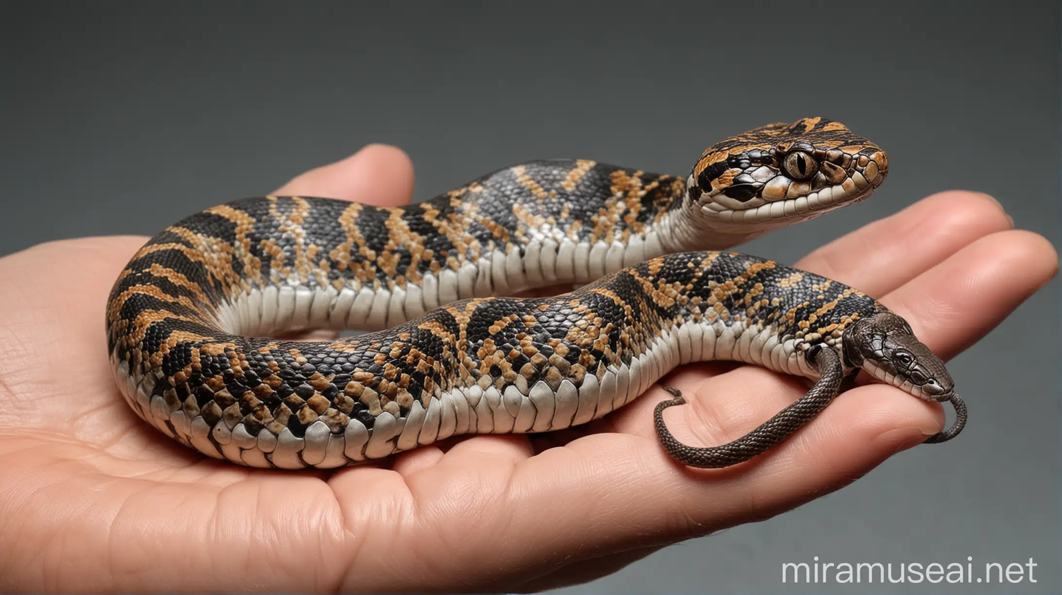show a vipers snake in scientist hand, hyper realistic, hyper detailed