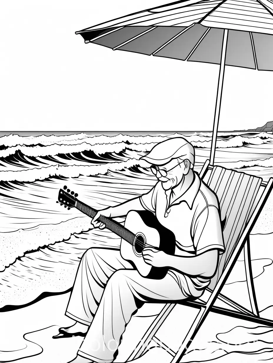 An elderly retired man playing the guitar under a beach umbrella with the waves crashing nearby., Coloring Page, black and white, line art, white background, Simplicity, Ample White Space. The background of the coloring page is plain white to make it easy for young children to color within the lines. The outlines of all the subjects are easy to distinguish, making it simple for kids to color without too much difficulty