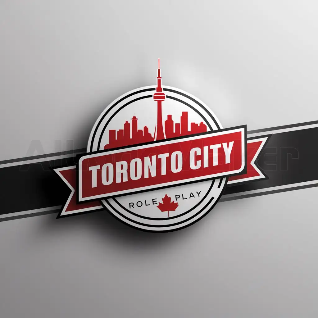 a logo design,with the text "Toronto City Roleplay", main symbol:Circle with a banner that is saying with red bold text with a red outlined toronto skyline with the CN tower. Roleplay in small text underneath on a ribbon with a maple leaf on the bottom with a 15PX black and white stroke,Moderate,clear background