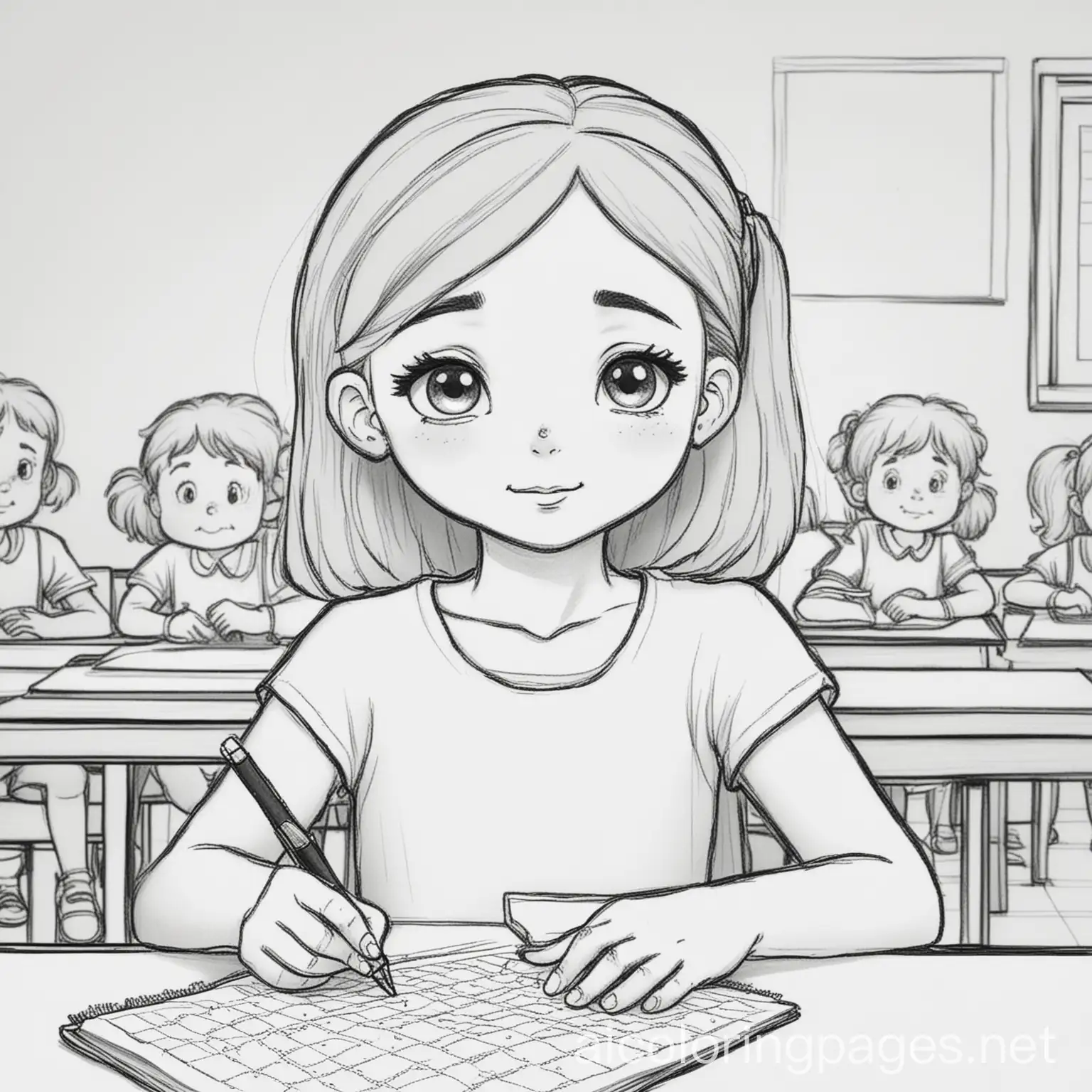 poor girl in classroom, Coloring Page, black and white, line art, white background, Simplicity, Ample White Space. The background of the coloring page is plain white to make it easy for young children to color within the lines. The outlines of all the subjects are easy to distinguish, making it simple for kids to color without too much difficulty