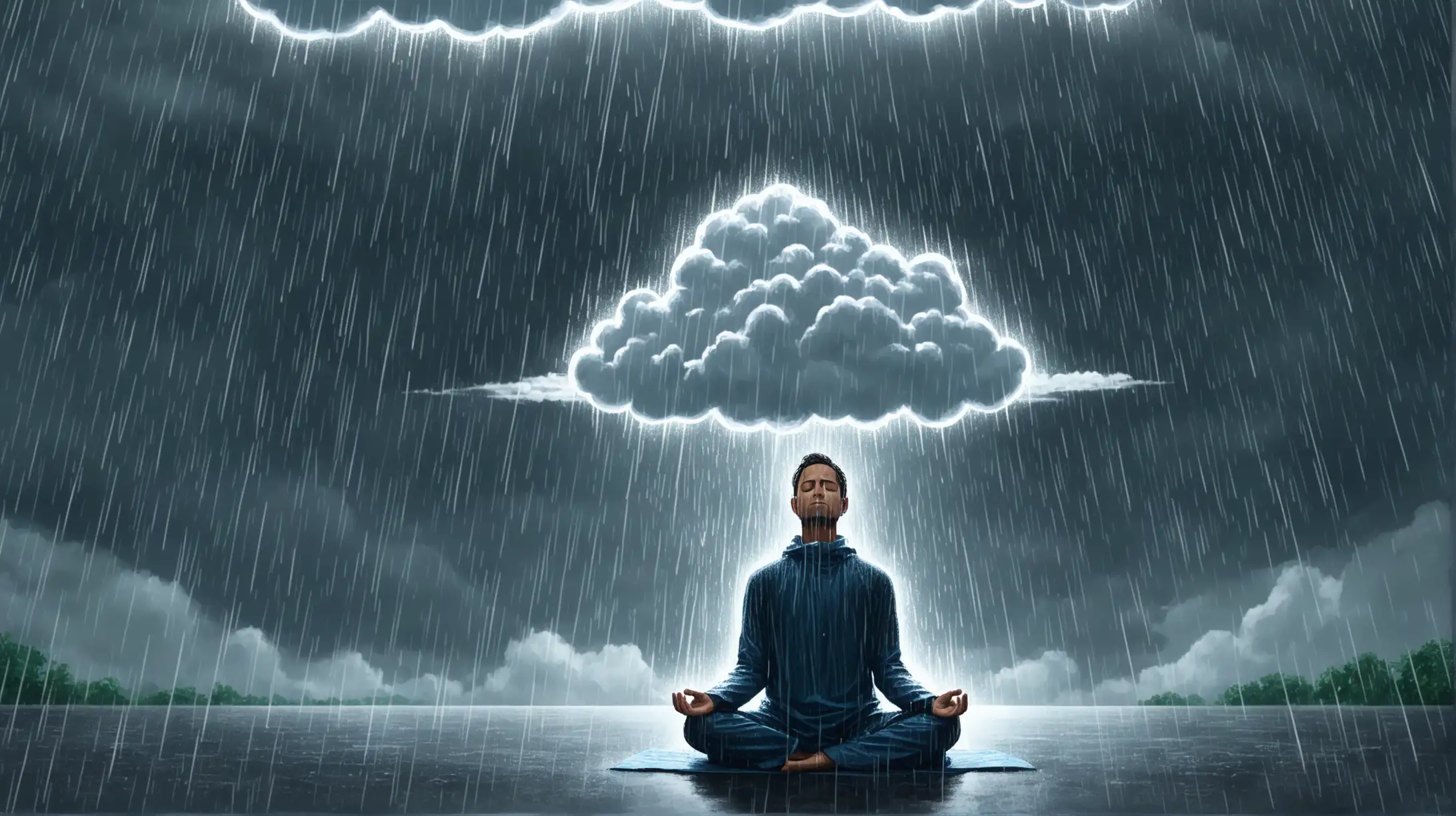 a man sits meditating directly under a single cloud, it is raining heavily on him, he is soaked from the rain drops
