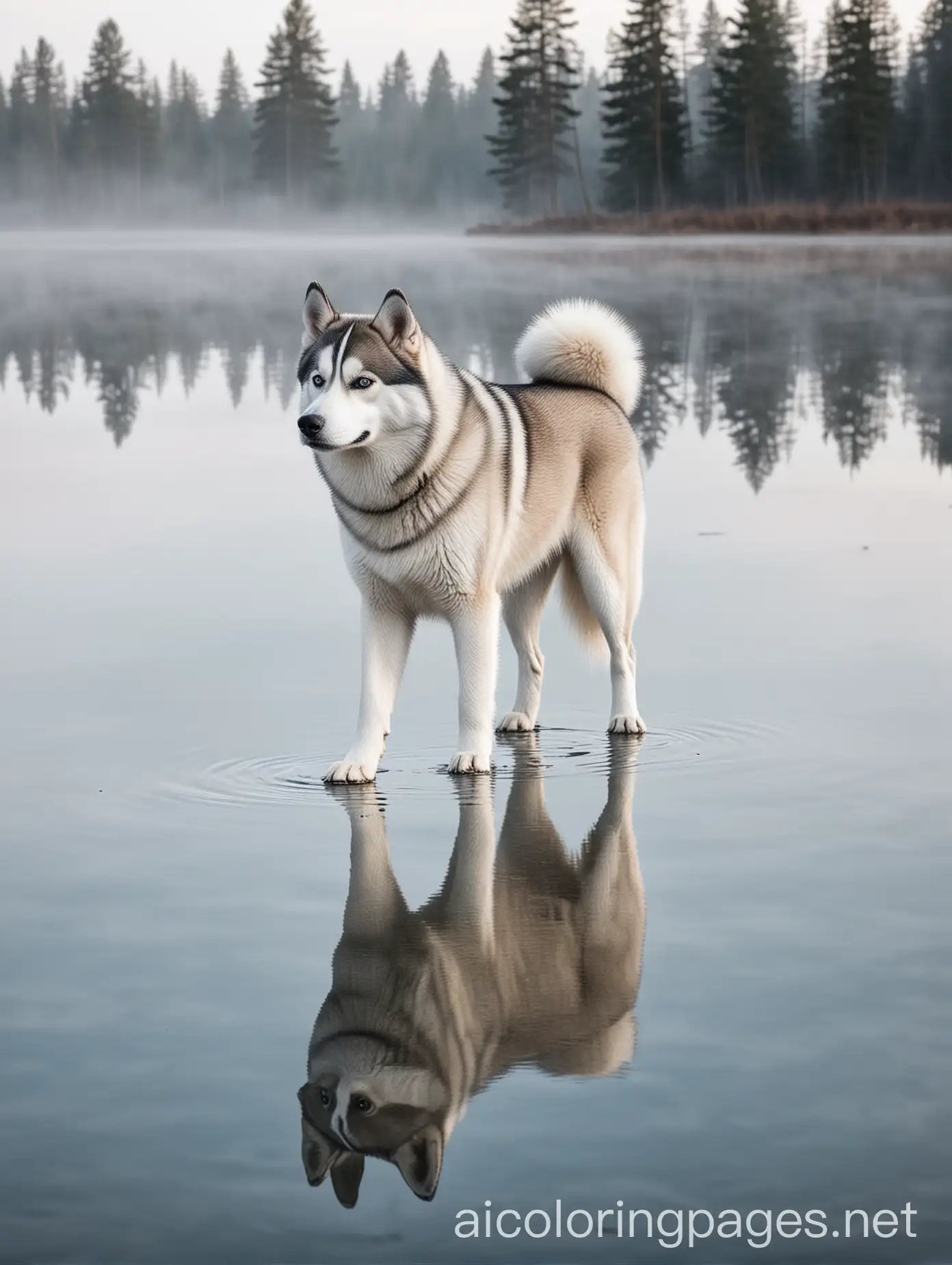 A Siberian Husky walks on the smooth surface of a shallow lake, creating a mirror-like reflection of itself. The background features a serene, misty treeline and calm blue sky., Coloring Page, black and white, line art, white background, Simplicity, Ample White Space, Coloring Page, black and white, line art, white background, Simplicity, Ample White Space. The background of the coloring page is plain white to make it easy for young children to color within the lines. The outlines of all the subjects are easy to distinguish, making it simple for kids to color without too much difficulty