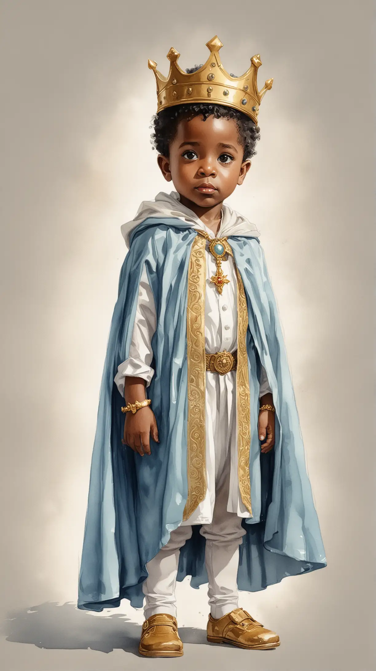 Watercolor picture book illustration, comic style, of a little black boy, 2 years old, dressed up as n king, wearing a light blue cape, and a golden crown, isolated on a solid white background