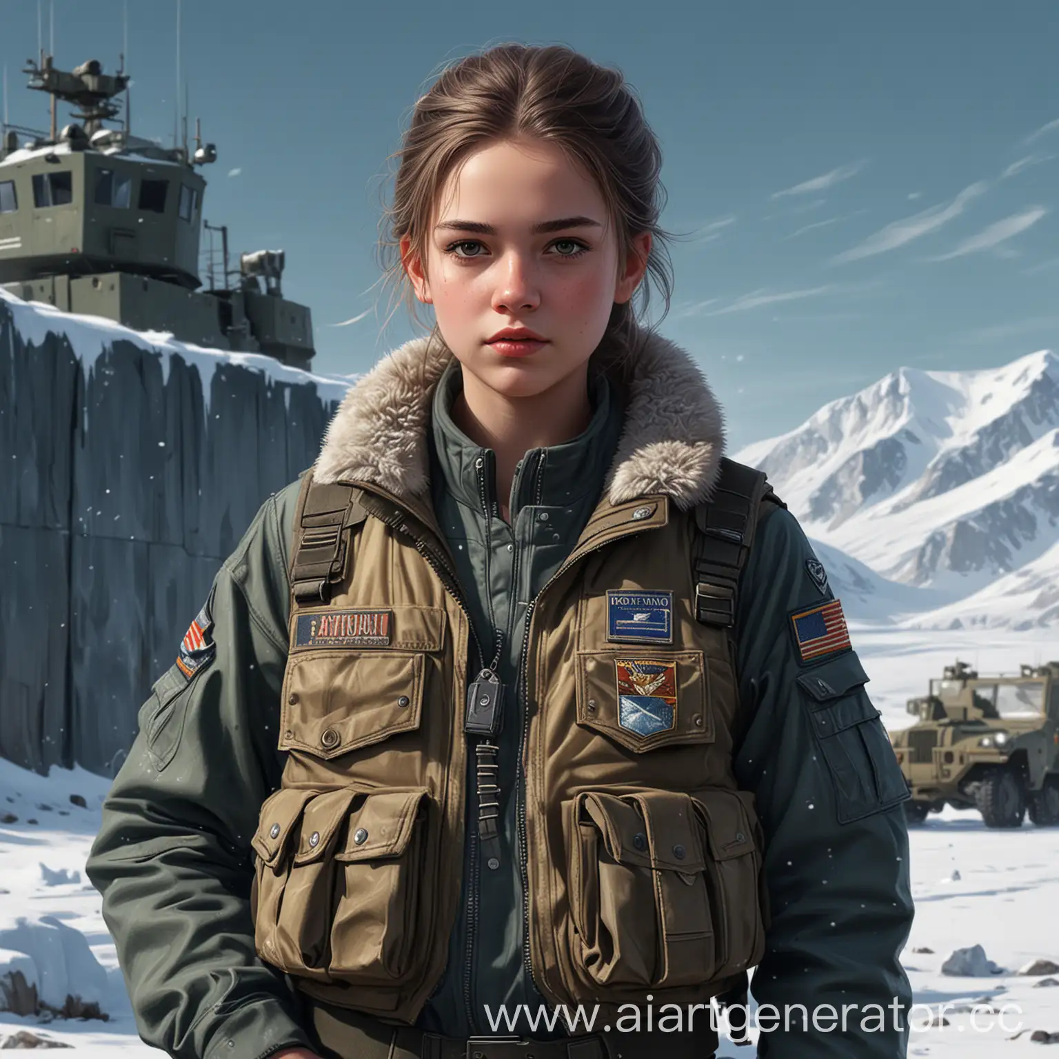 a medium quality digital painting of a ((girl)) [15 years old], in a ((military uniform)), beautiful, in a ((bulletproof vest)), short, cute, realistic, against the backdrop of an ((Arctic base)), digital art, character design, detailed background, portrait, front view, snowy landscape, high quality, medium shot