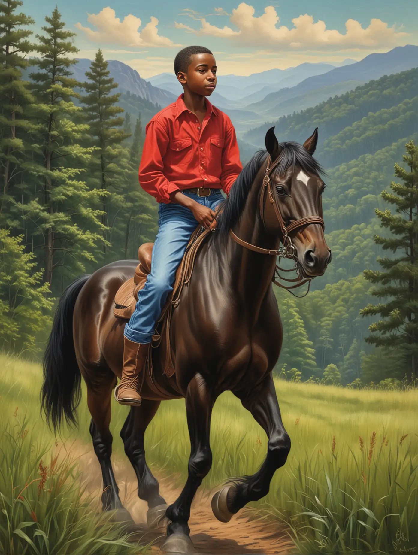 create an full length oil painting in the style of the artist Ernie Barnes, an medium tone African American boy 10 years old in a red shirt and jeans enjoying riding a black horse through a grassy field in the blue ridge mountains on a summer day