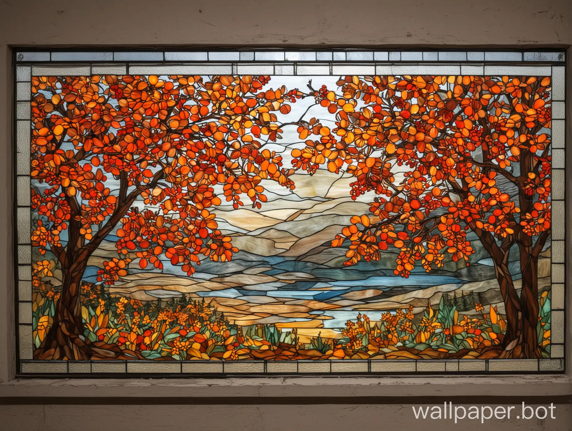 Large stained glass window without joints. Image of autumn rowan.