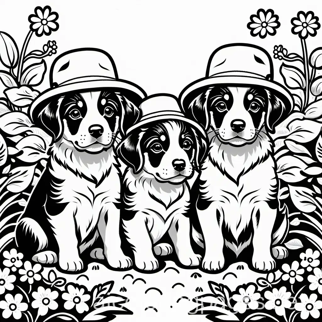 Puppies with hats in a garden filled with flowers, Coloring Page, black and white, line art, white background, Simplicity, Ample White Space.