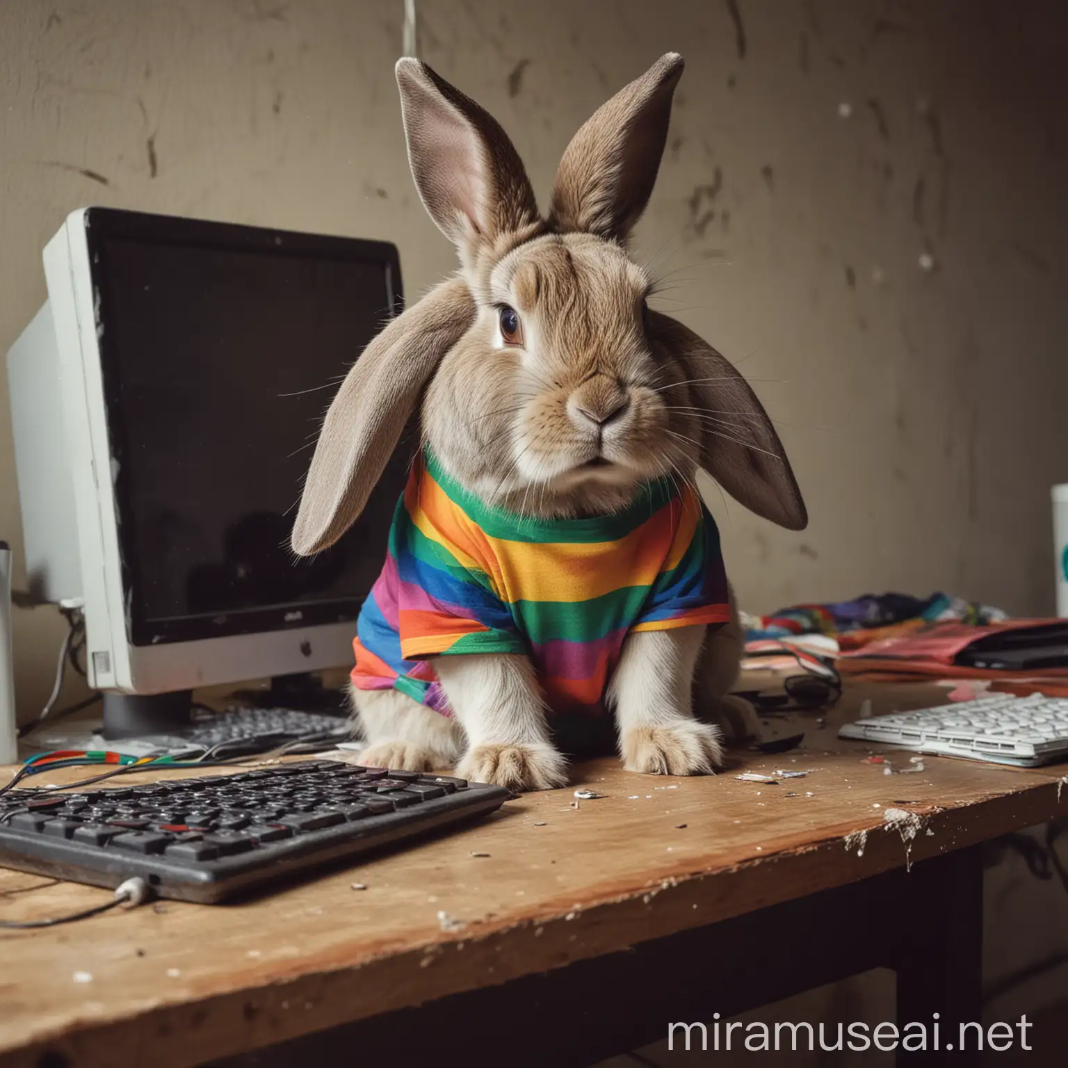 A rabbit with a rainbow shirt on sitting a a computer desk in a small dirty room looking sad and stressed